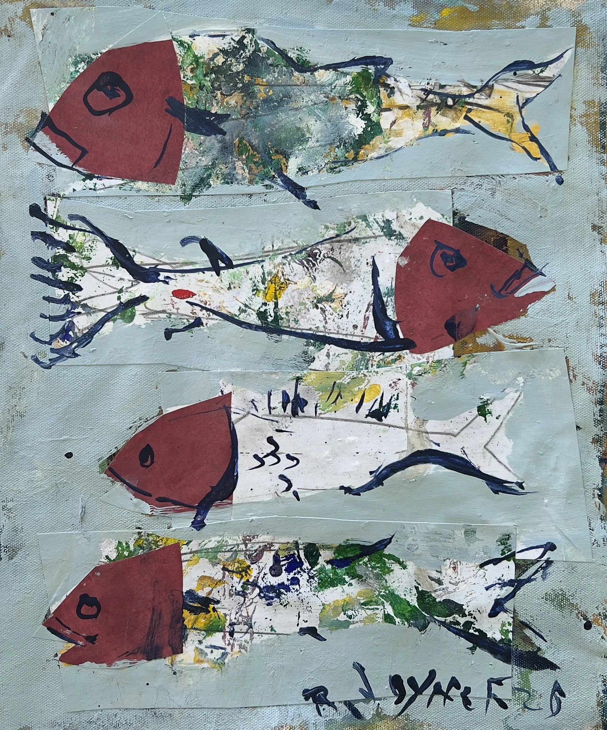 Original mixed media painting of four red fish swimming across a sage green background, loose brushwork and collage on 11x14" canvas