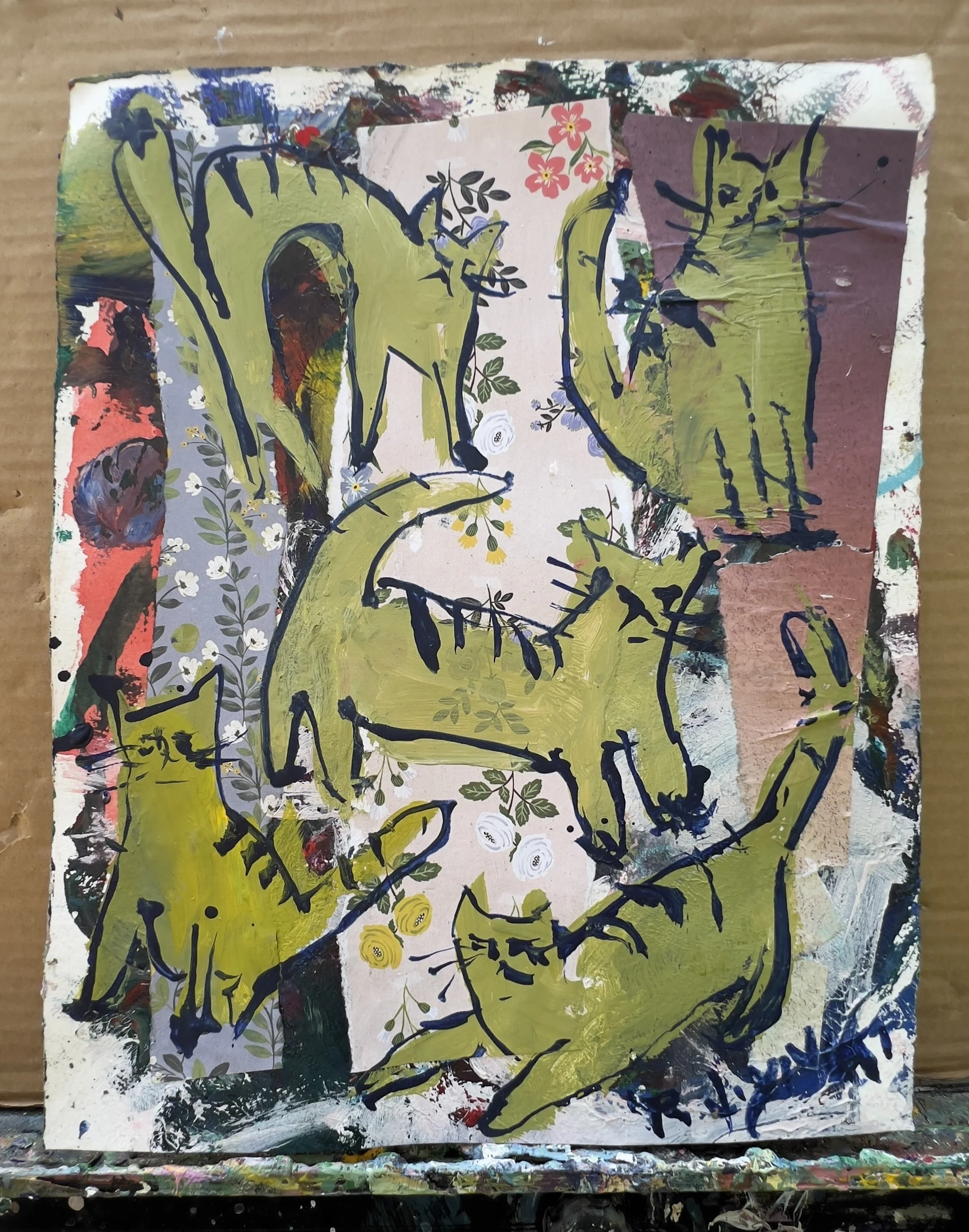 Original mixed media collage of five olive green cats over floral wallpaper background, painted on 11x14" archival paper - shows all edges