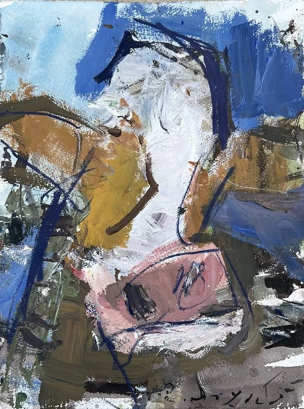 Abstract cow painting with blue and green background.