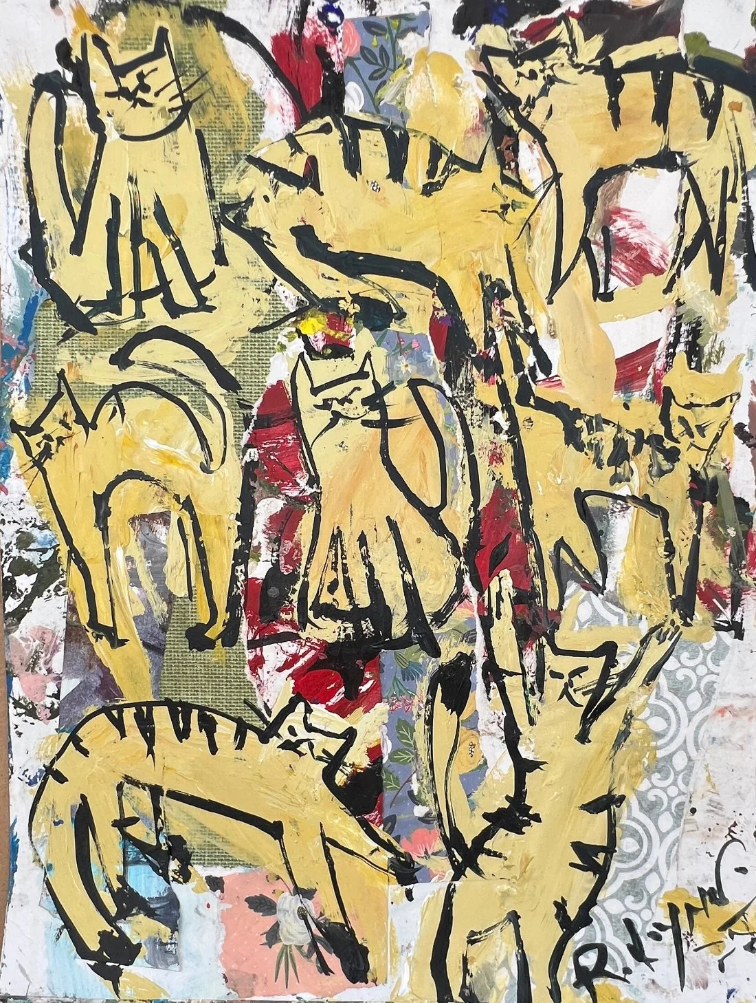 Abstract artwork featuring yellow cats outlined in black paint against a colorful, mixed-media background.
