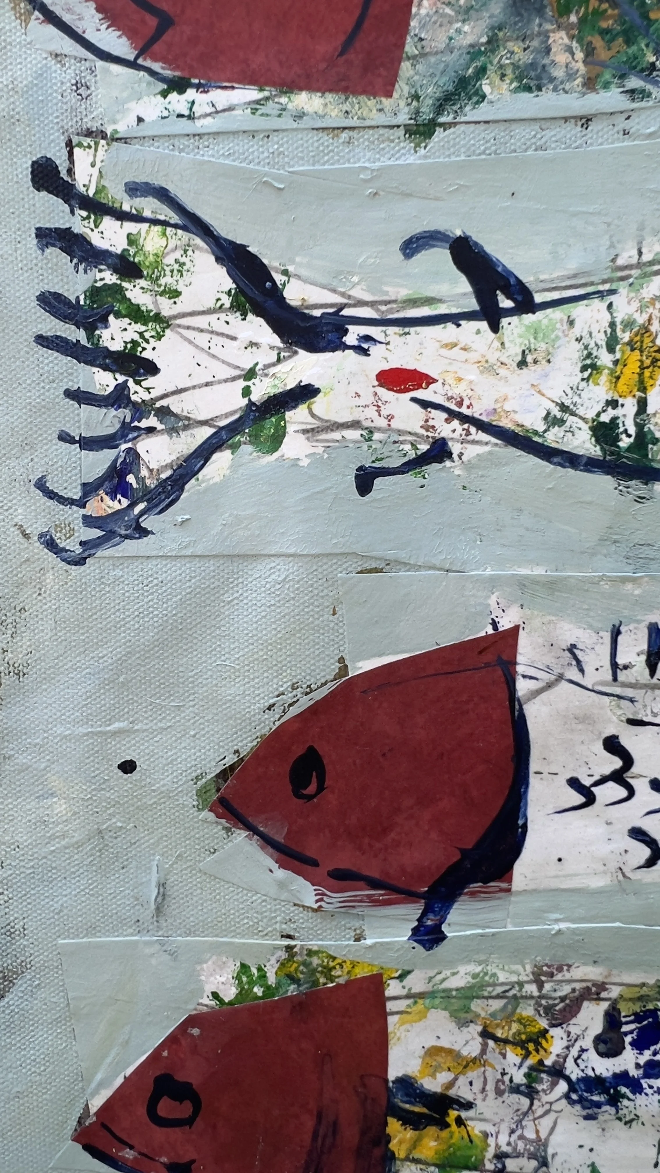 Original mixed media painting of four red fish swimming across a sage green background, loose brushwork and collage - close up 3