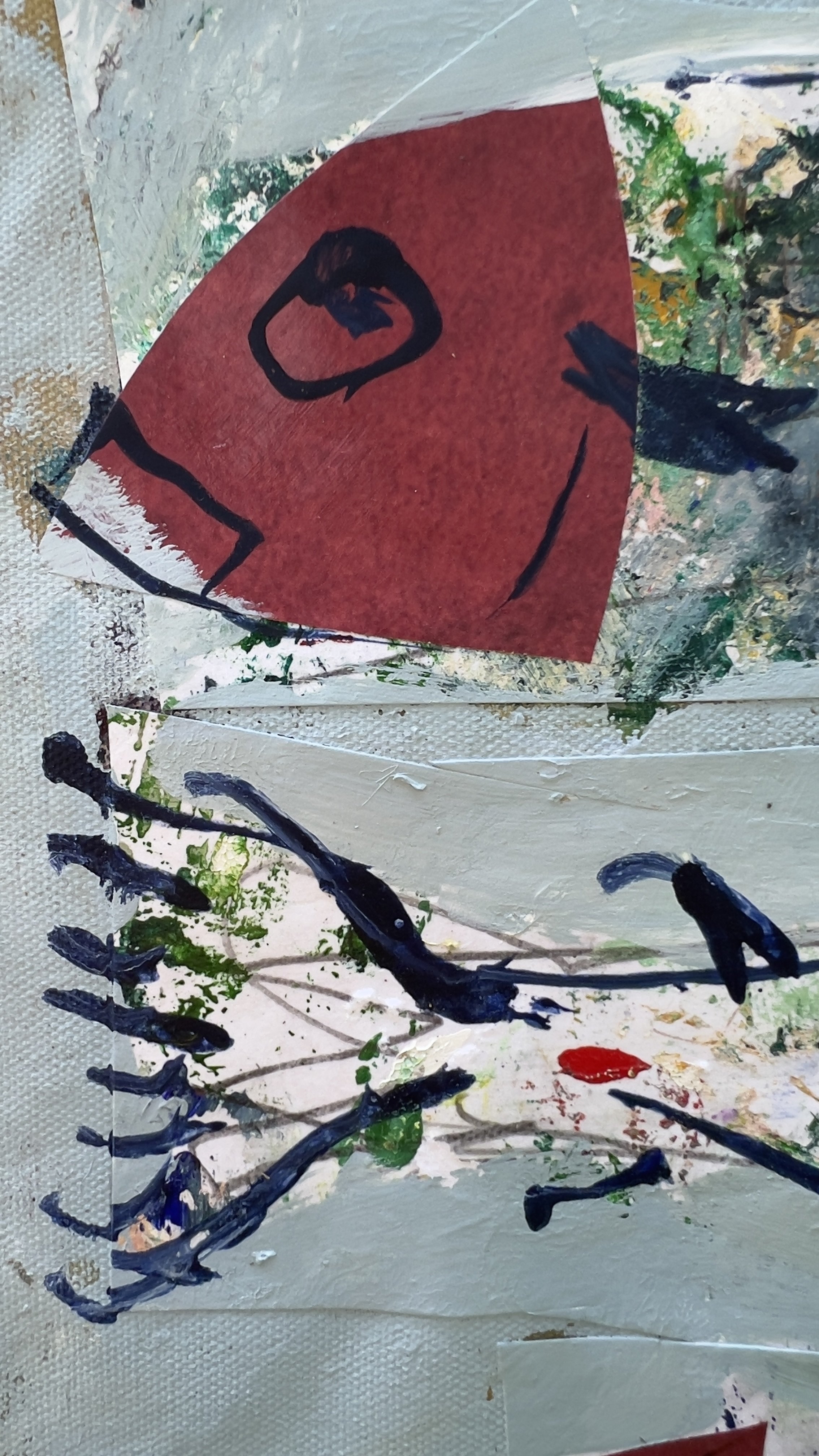 Original mixed media painting of four red fish swimming across a sage green background, loose brushwork and collage - close up 1