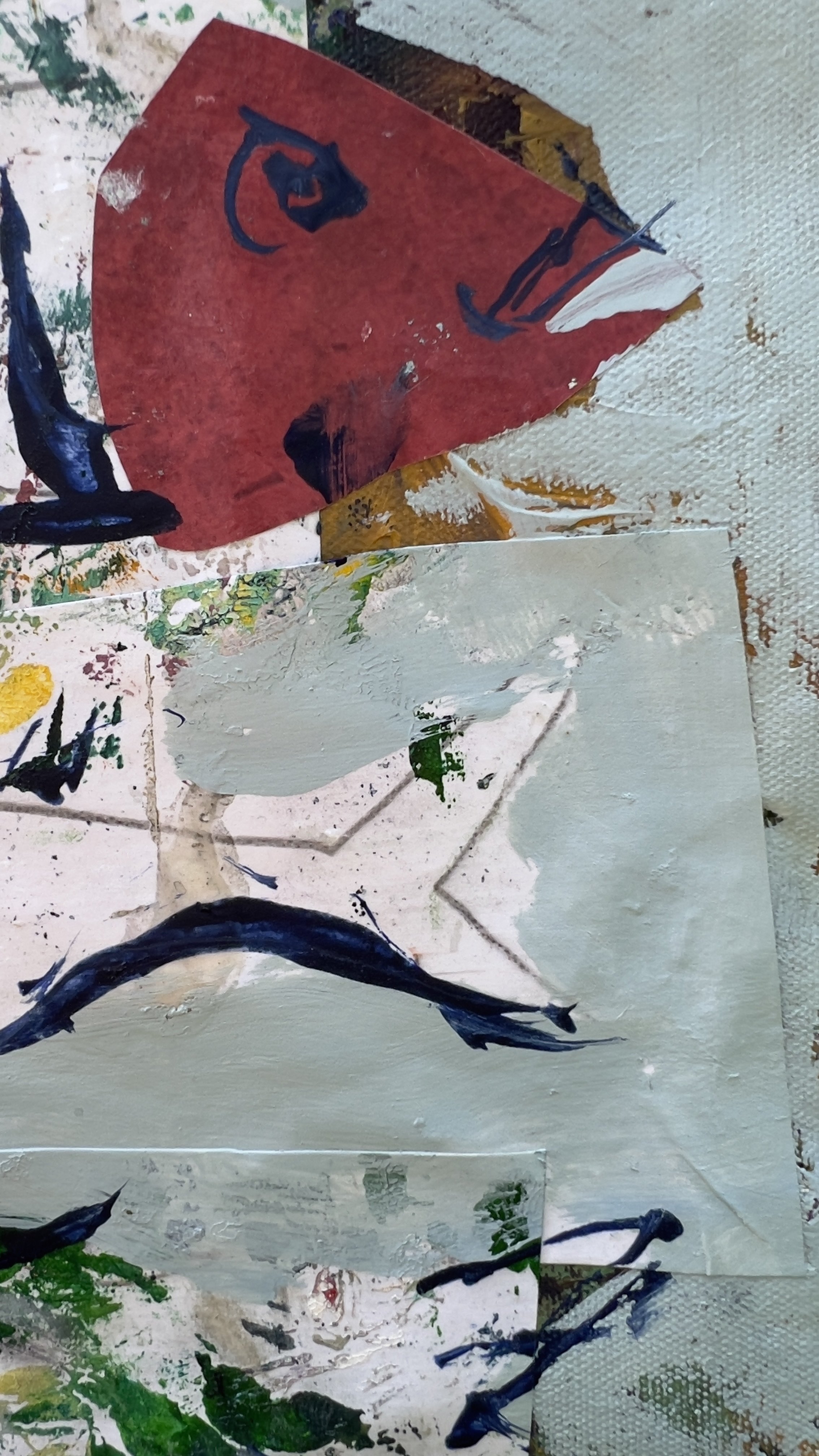 Original mixed media painting of four red fish swimming across a sage green background, loose brushwork and collage - close up 4