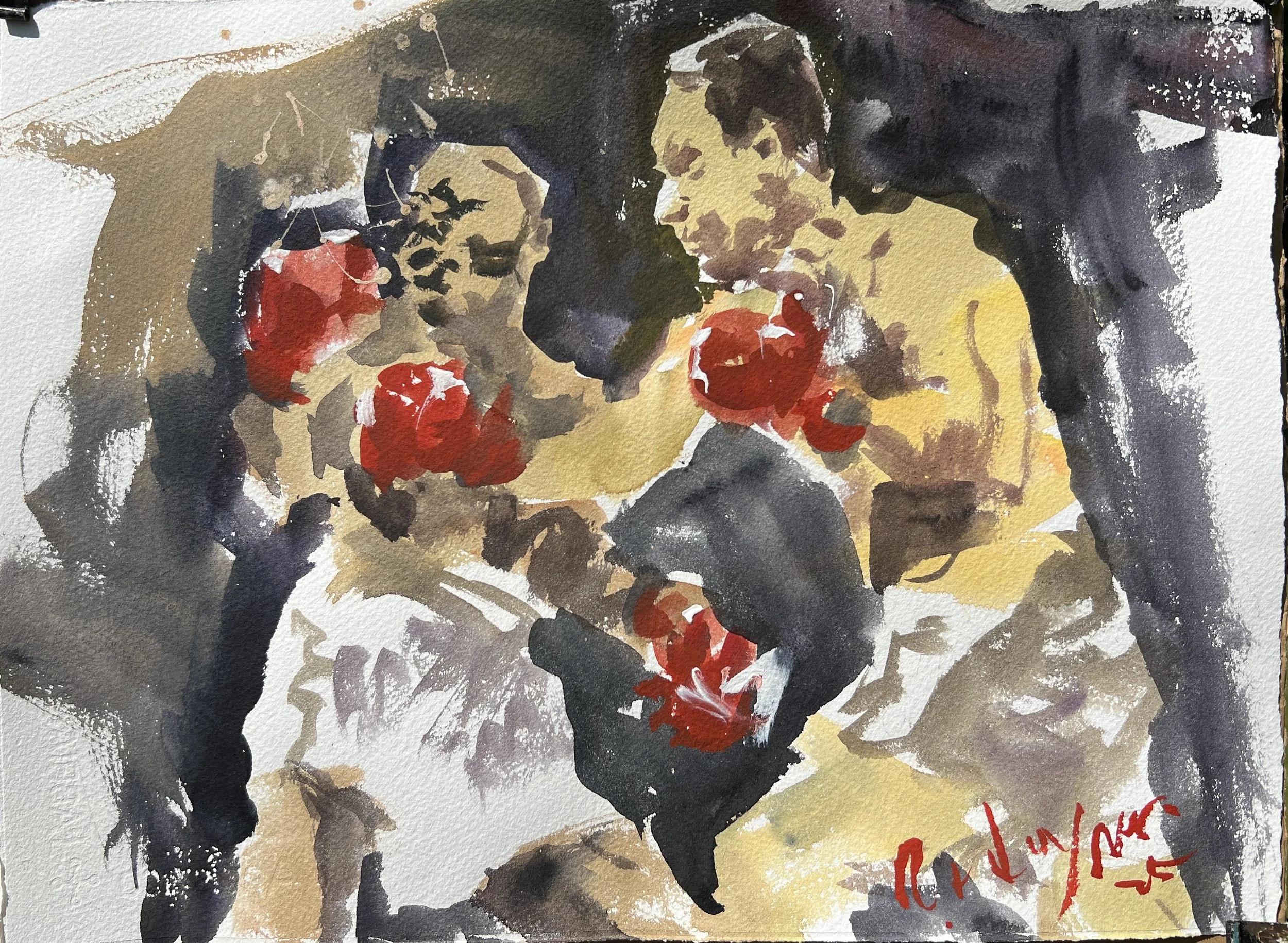 Loose watercolor boxing painting