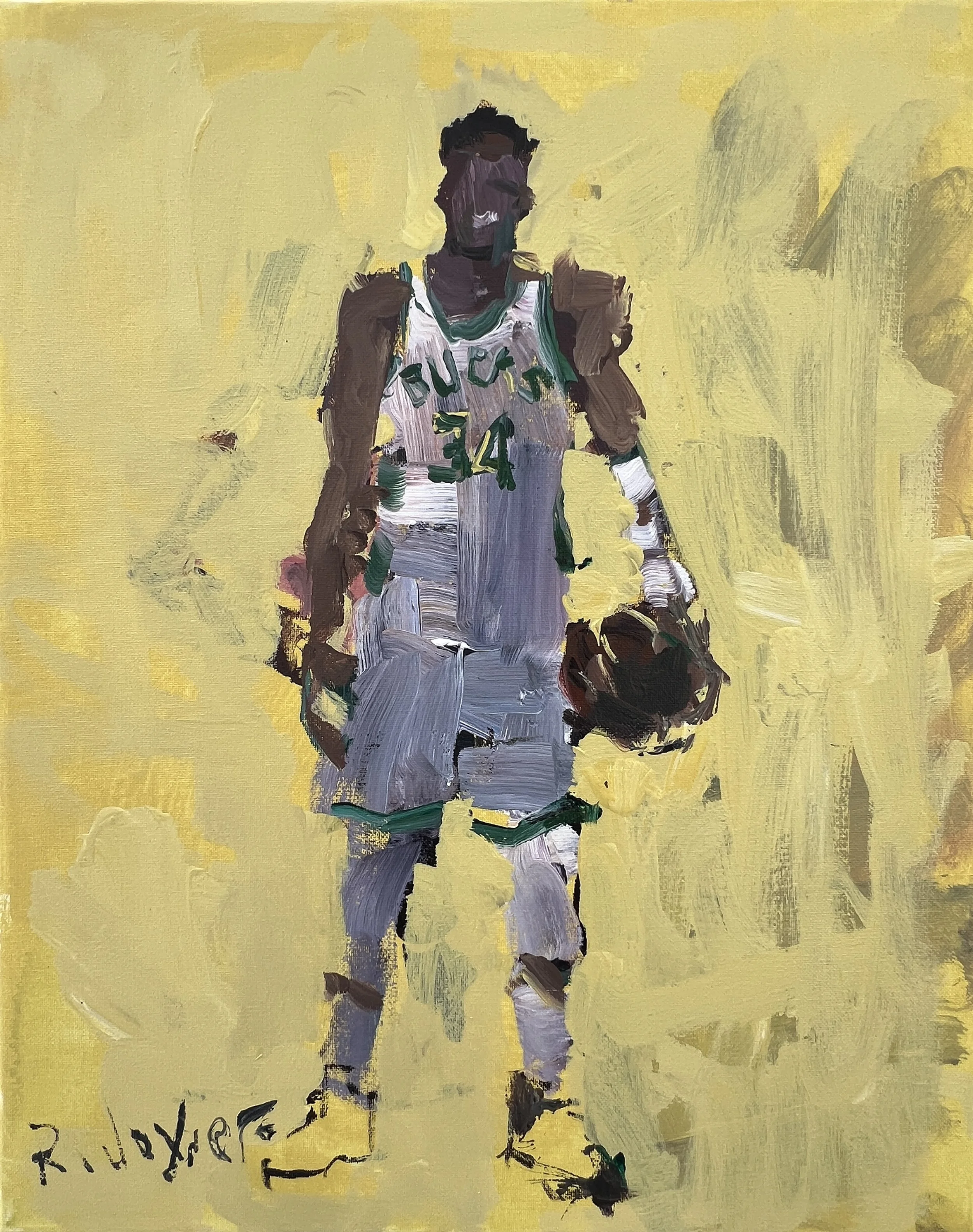 Giannis Milwaukee Bucks original acrylic painting by Robert Joyner, 20x16 canvas, loose expressive basketball art
