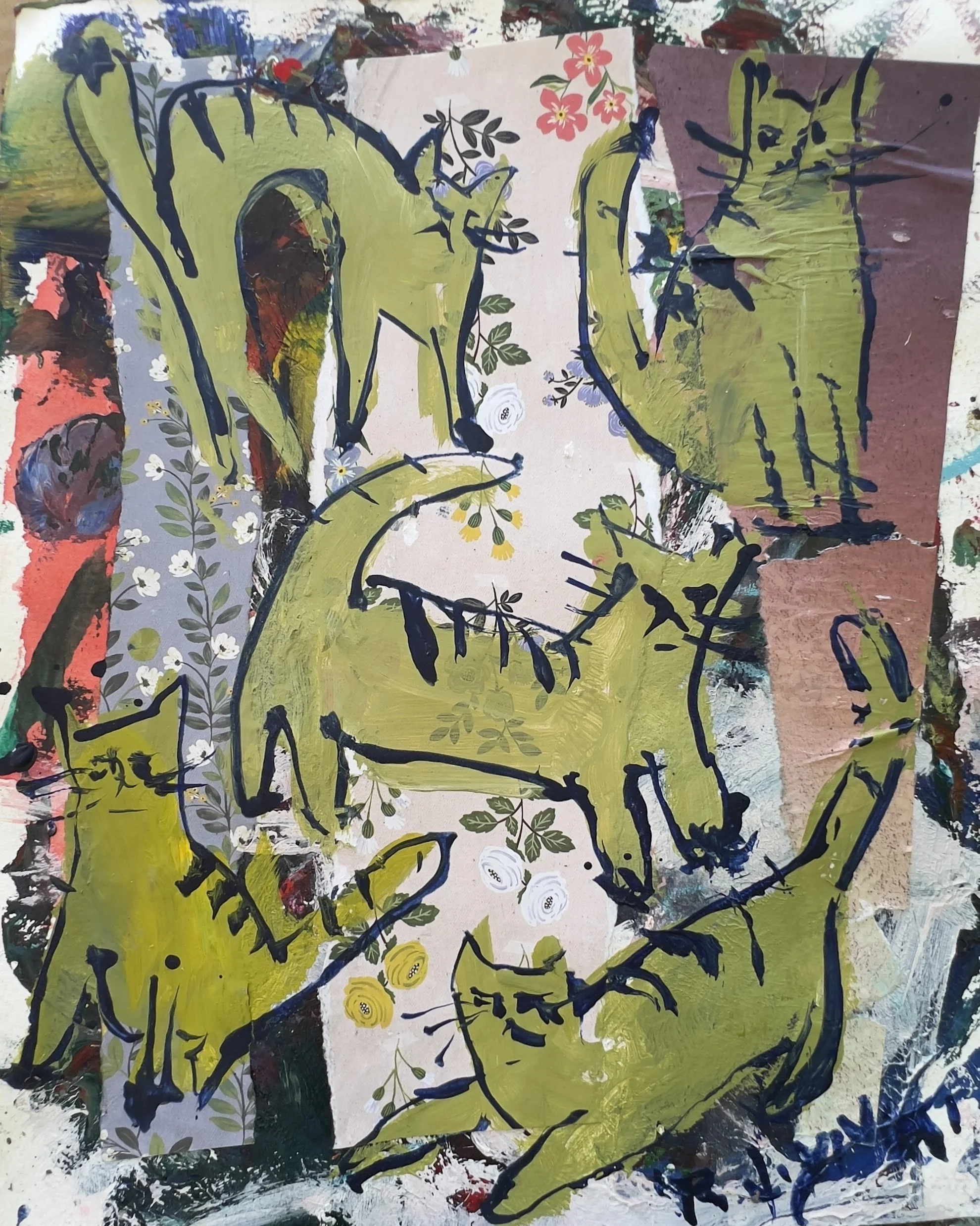 Original mixed media collage of five olive green cats over floral wallpaper background, painted on 11x14" archival paper
