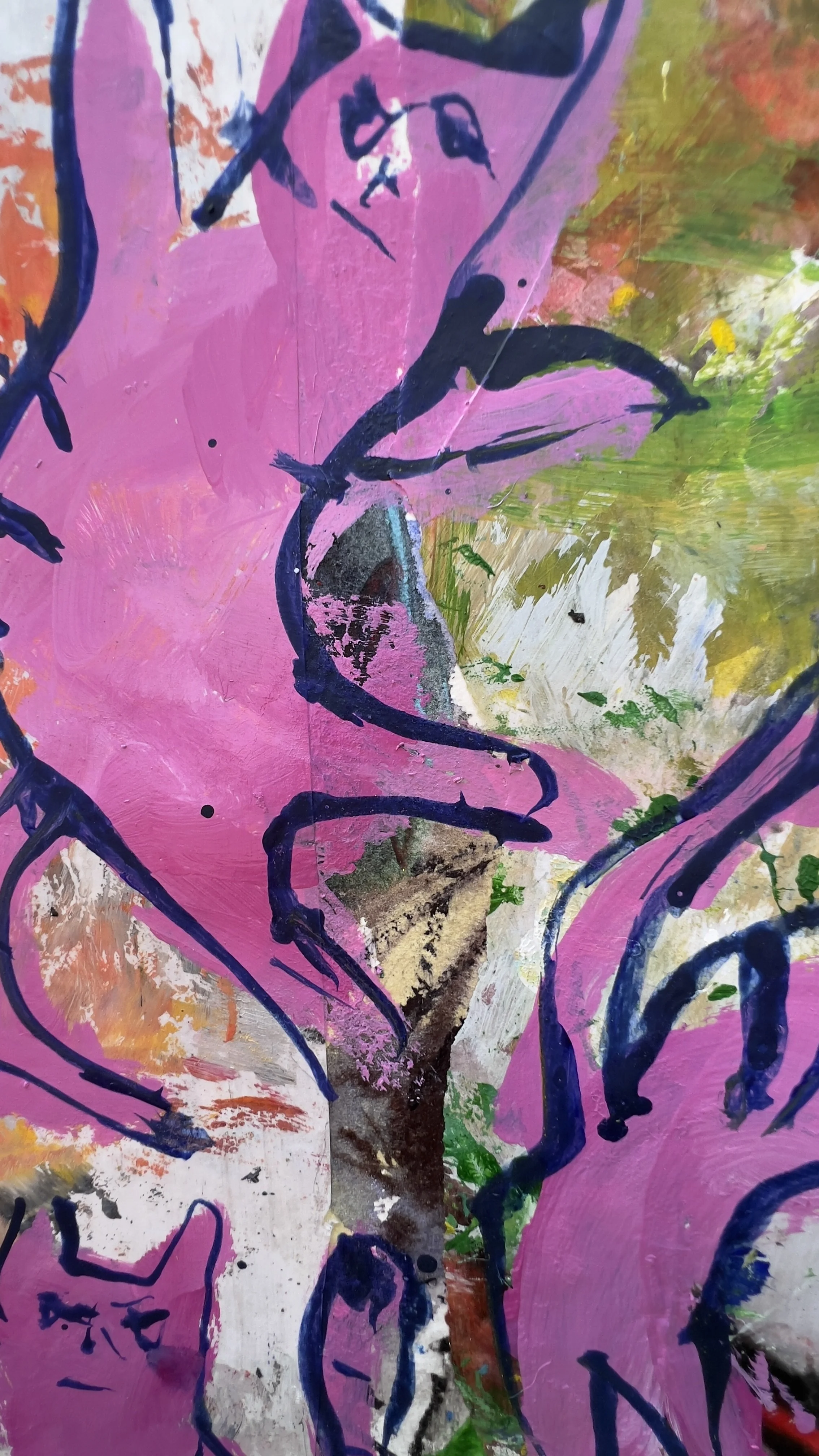 Original mixed media collage of five pink cats over a green and gold abstract background, painted on 11x14" archival paper - close up 1