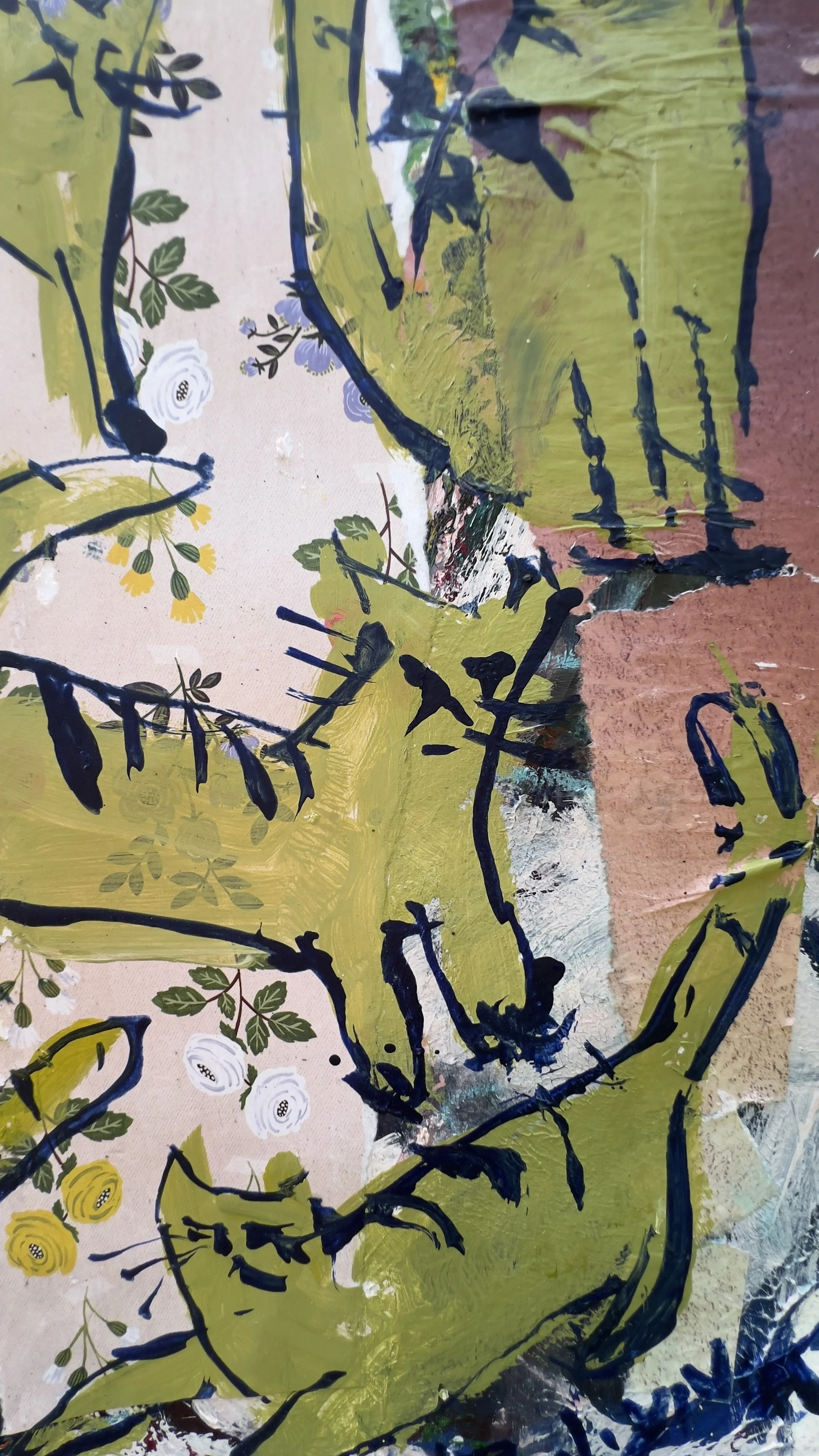 Original mixed media collage of five olive green cats over floral wallpaper background, painted on 11x14" archival paper - close up 3