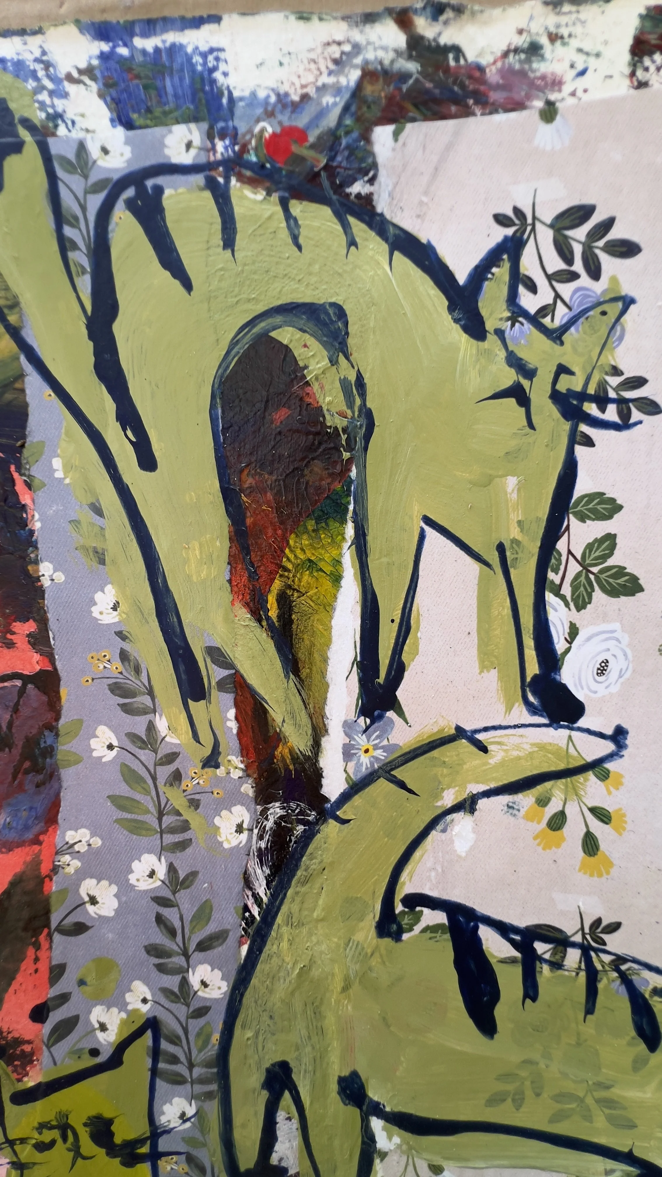 Original mixed media collage of five olive green cats over floral wallpaper background, painted on 11x14" archival paper - close up 1