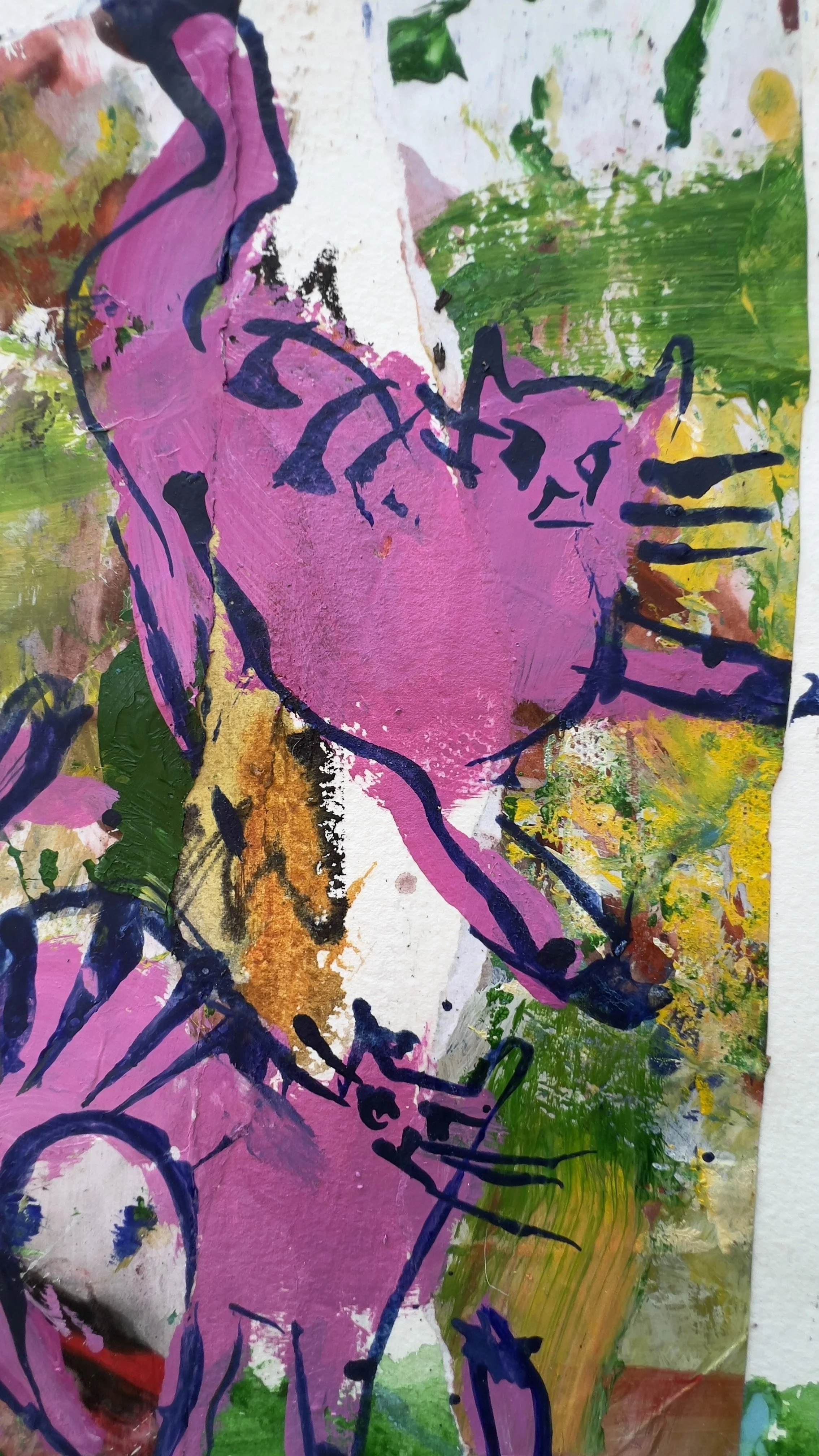 Original mixed media collage of five pink cats over a green and gold abstract background, painted on 11x14" archival paper - close up 2