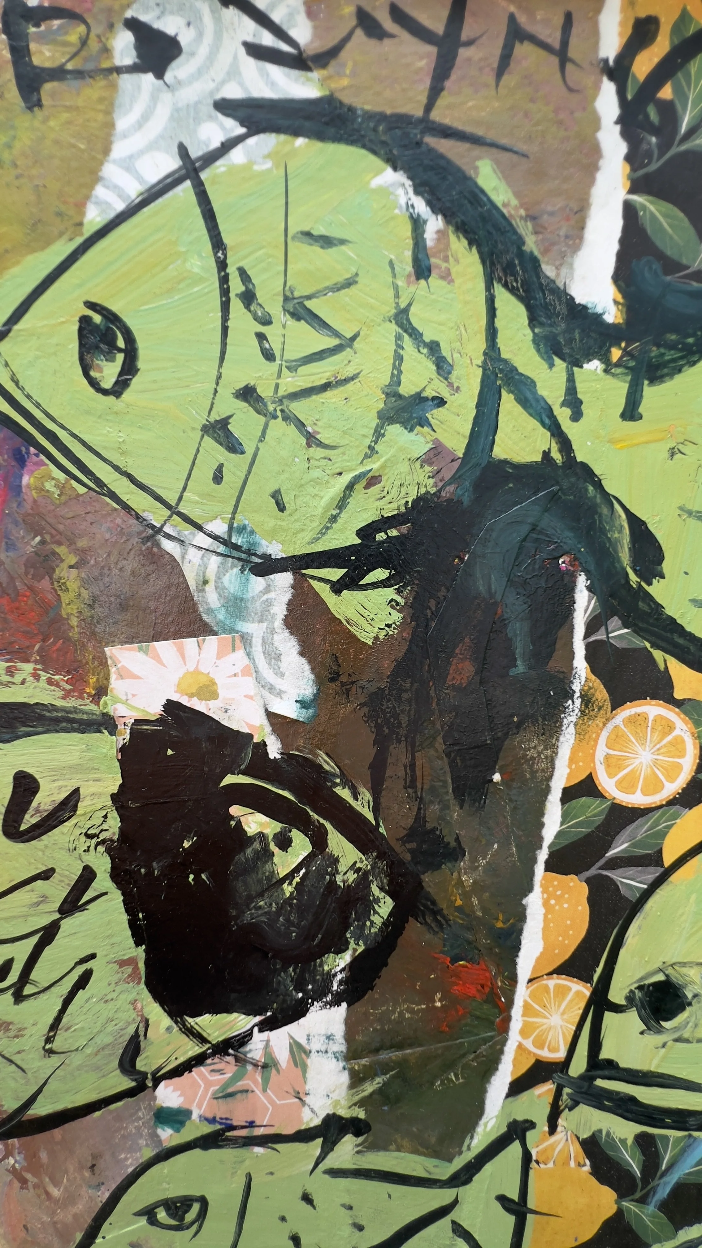 original mixed media collage fish painting on archival paper close up 1