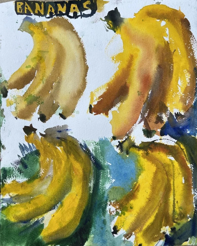 Watercolor painting of four bananas, with the word 'BANANAS' written at the top in yellow and black