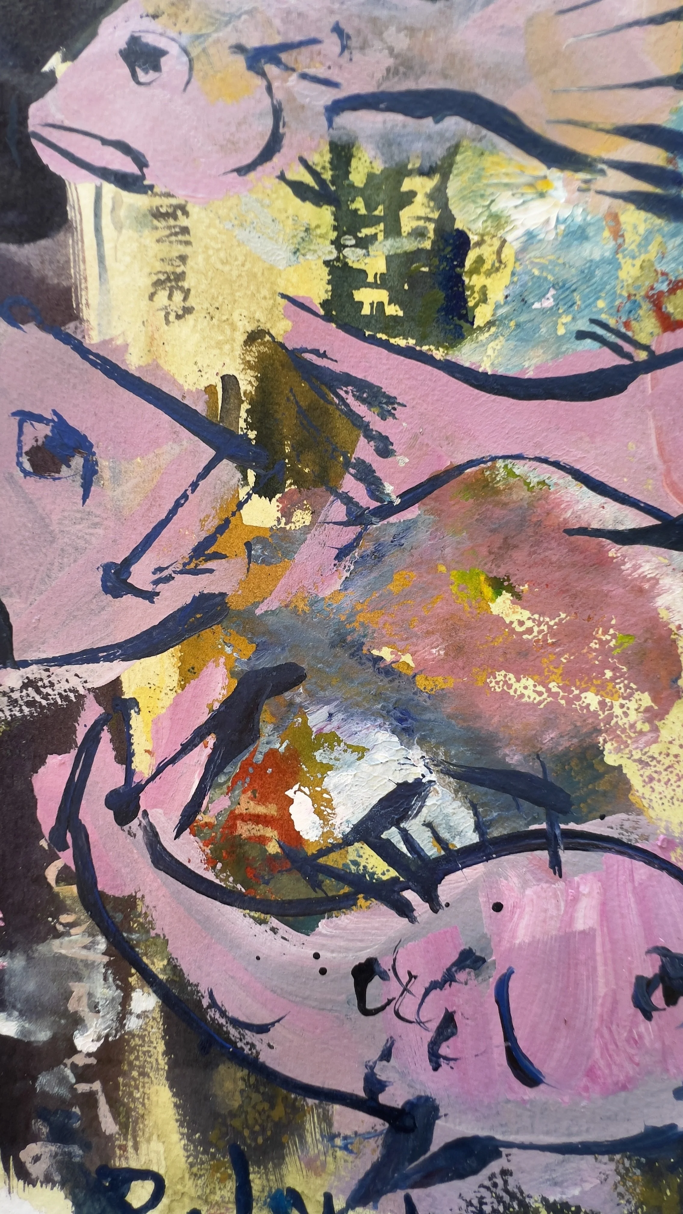 Original mixed media painting of pink fish swimming over a dark abstract background with blue, rust, and gold accents, on 11x14" archival paper - close up 4