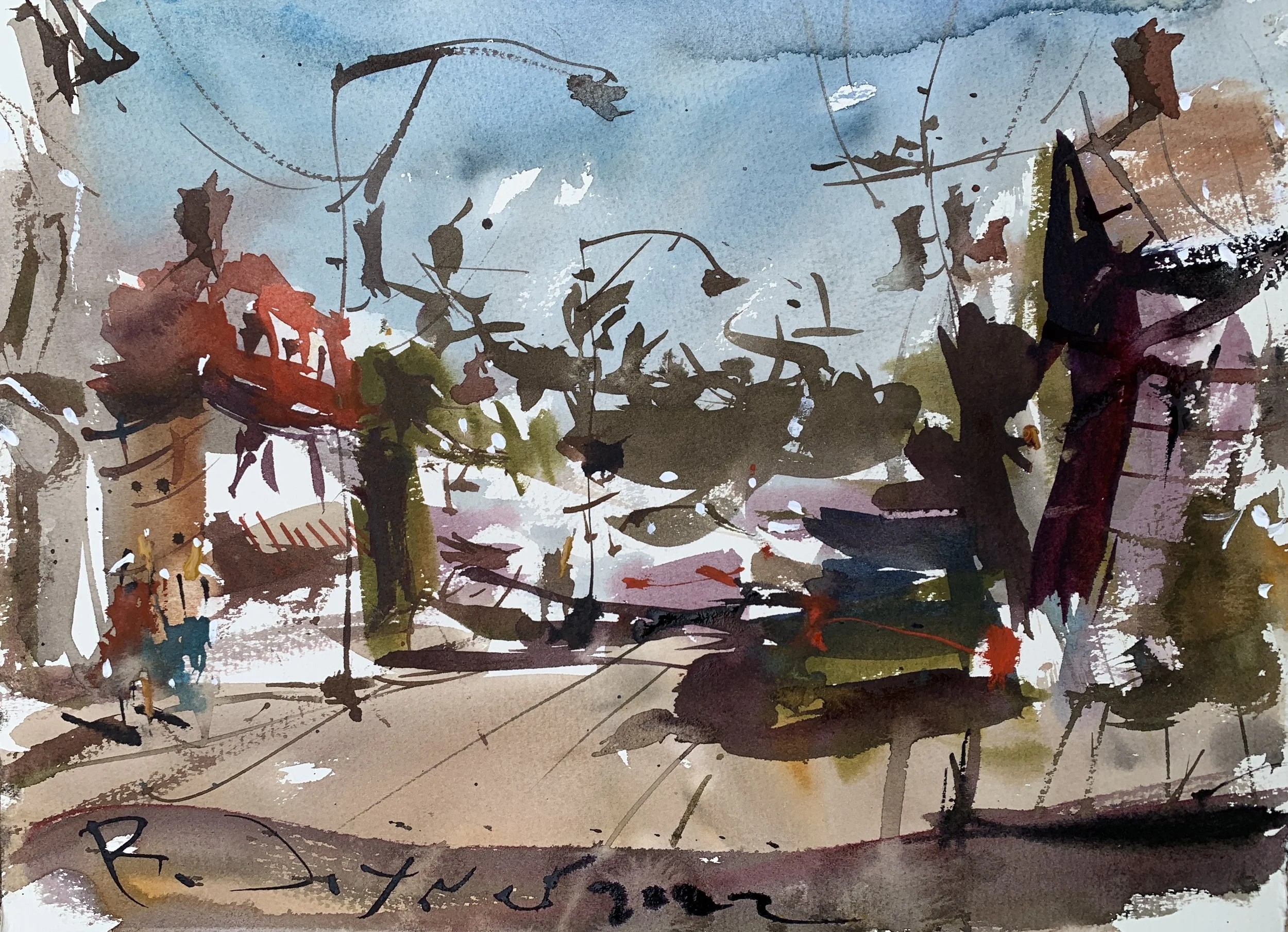 Abstract style urban watercolor landscape painting