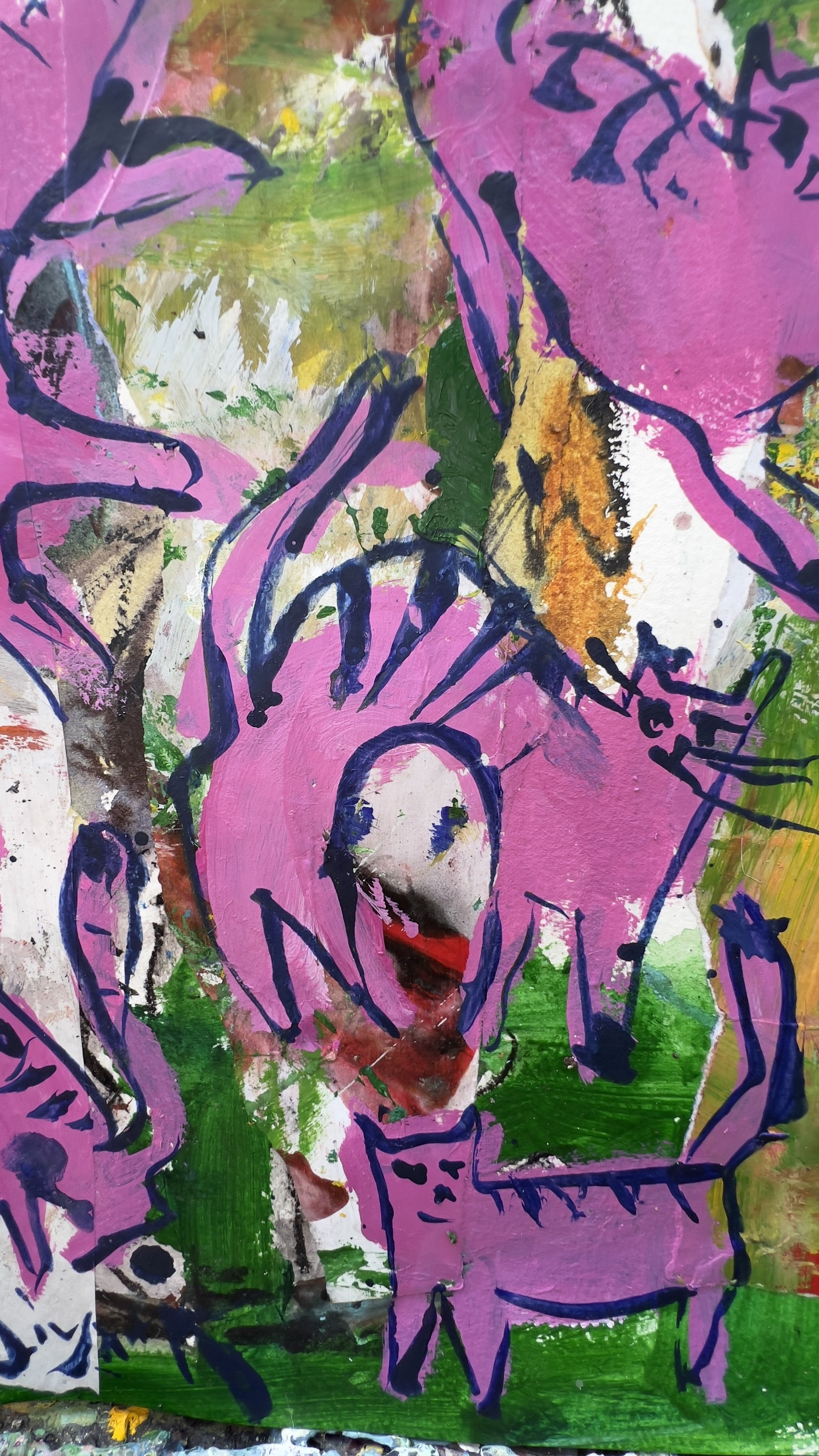 Original mixed media collage of five pink cats over a green and gold abstract background, painted on 11x14" archival paper - close up 3