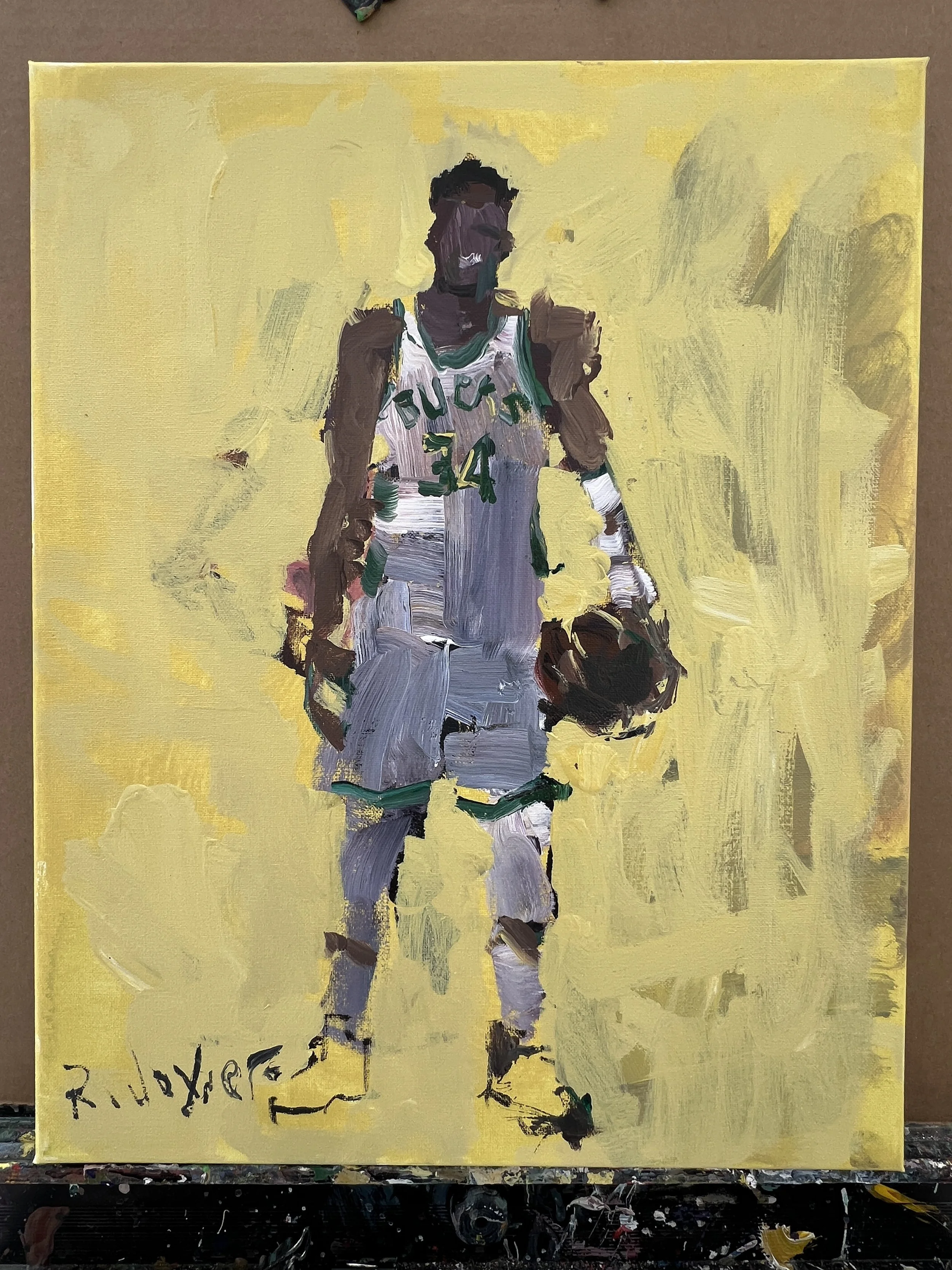 Giannis Milwaukee Bucks original acrylic painting by Robert Joyner, 20x16 canvas, loose expressive basketball art shows all edges
