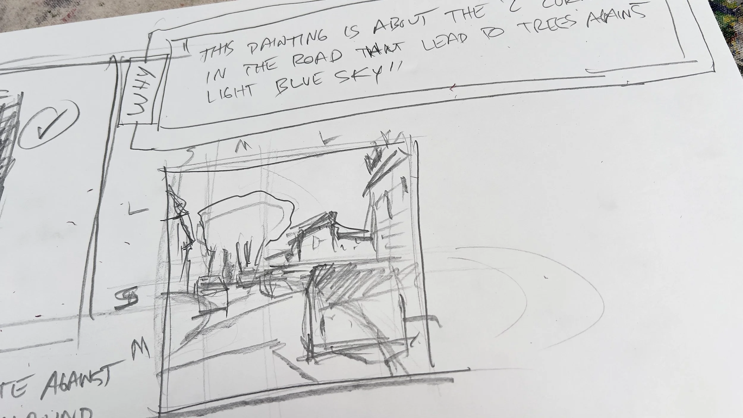 Hand-drawn sketch of a scene with handwritten notes and a small drawing of a landscape with trees, a fence, and a house.