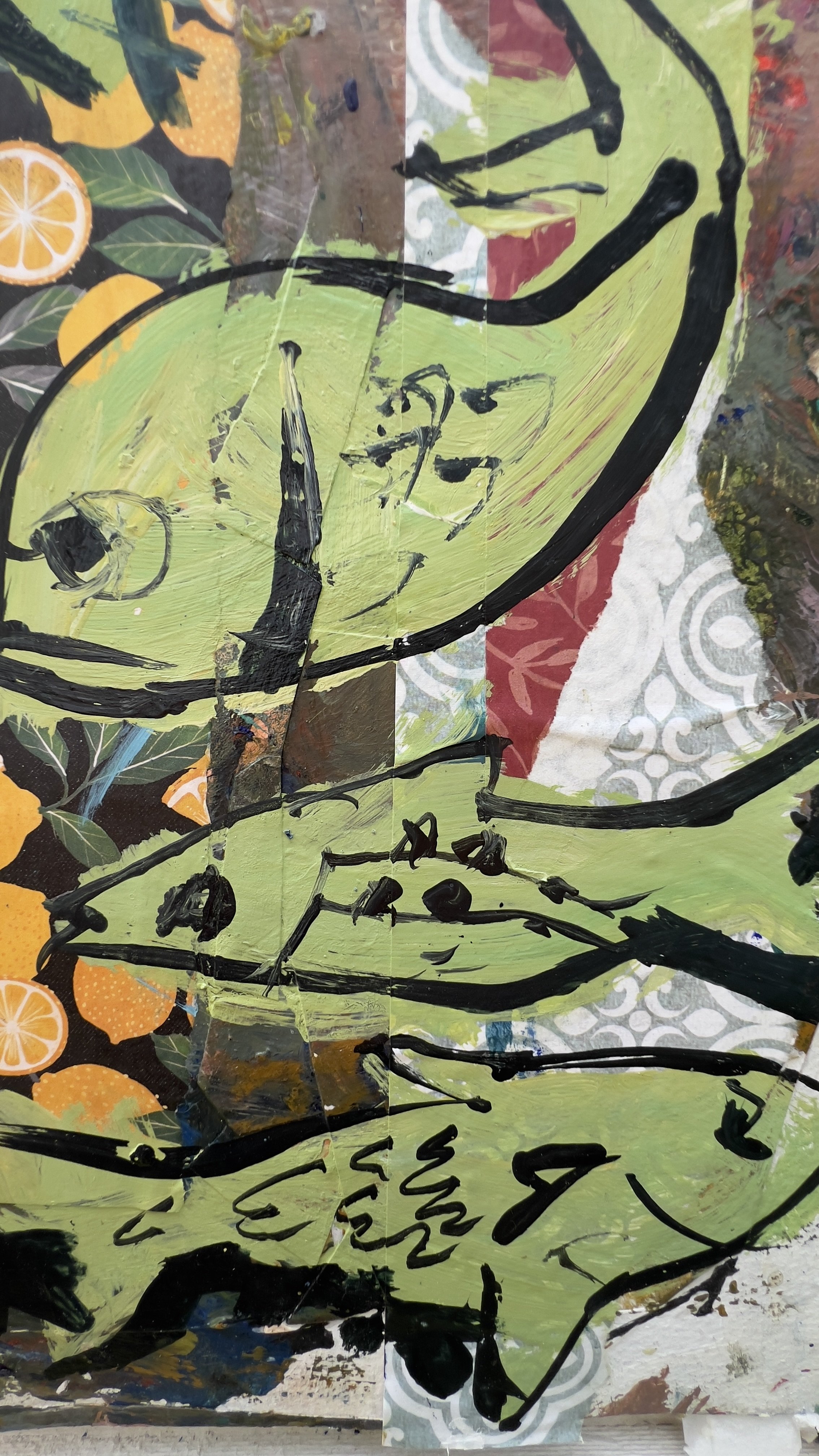original mixed media collage fish painting on archival paper close up 4