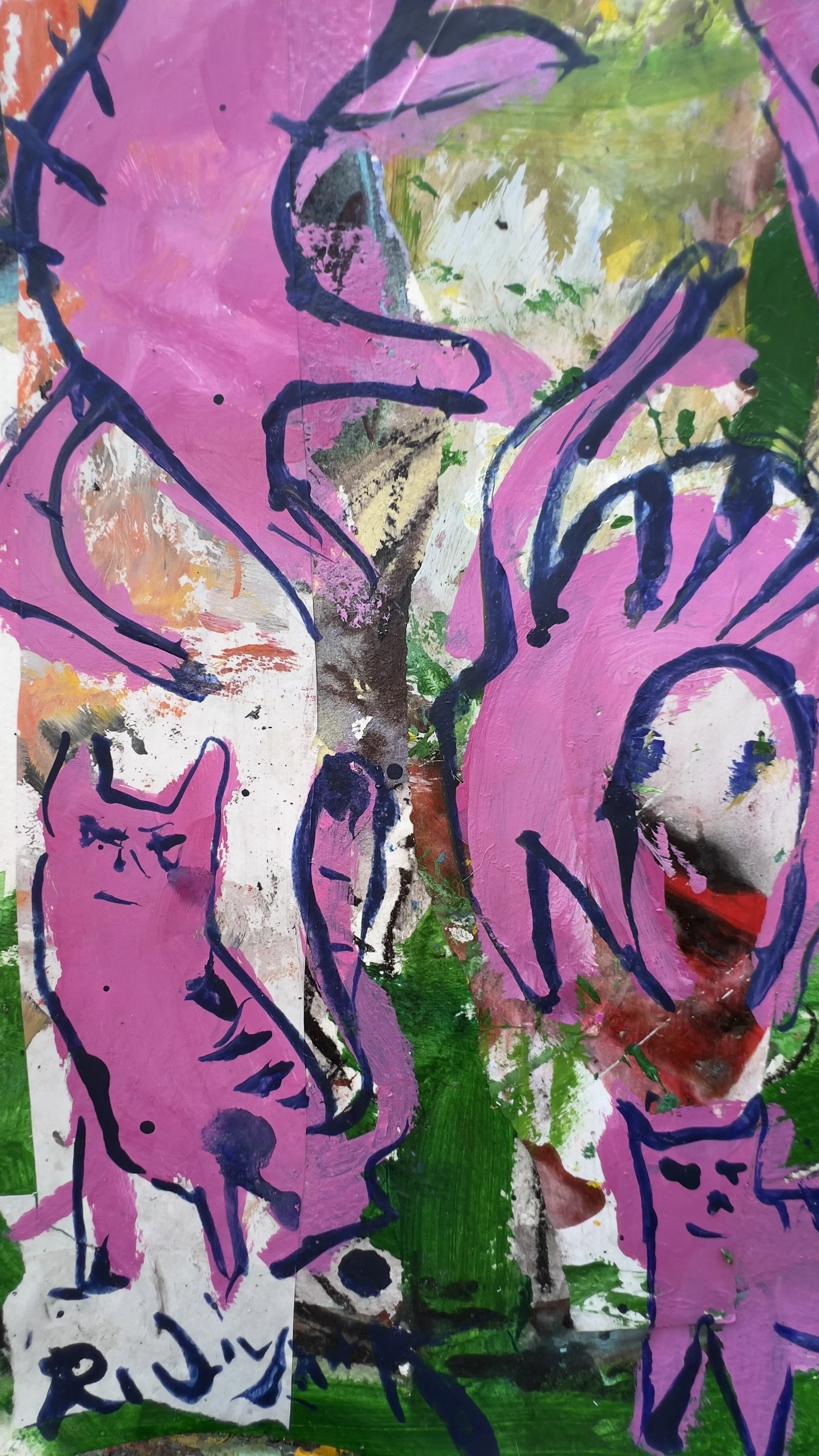 Original mixed media collage of five pink cats over a green and gold abstract background, painted on 11x14" archival paper - close up 4