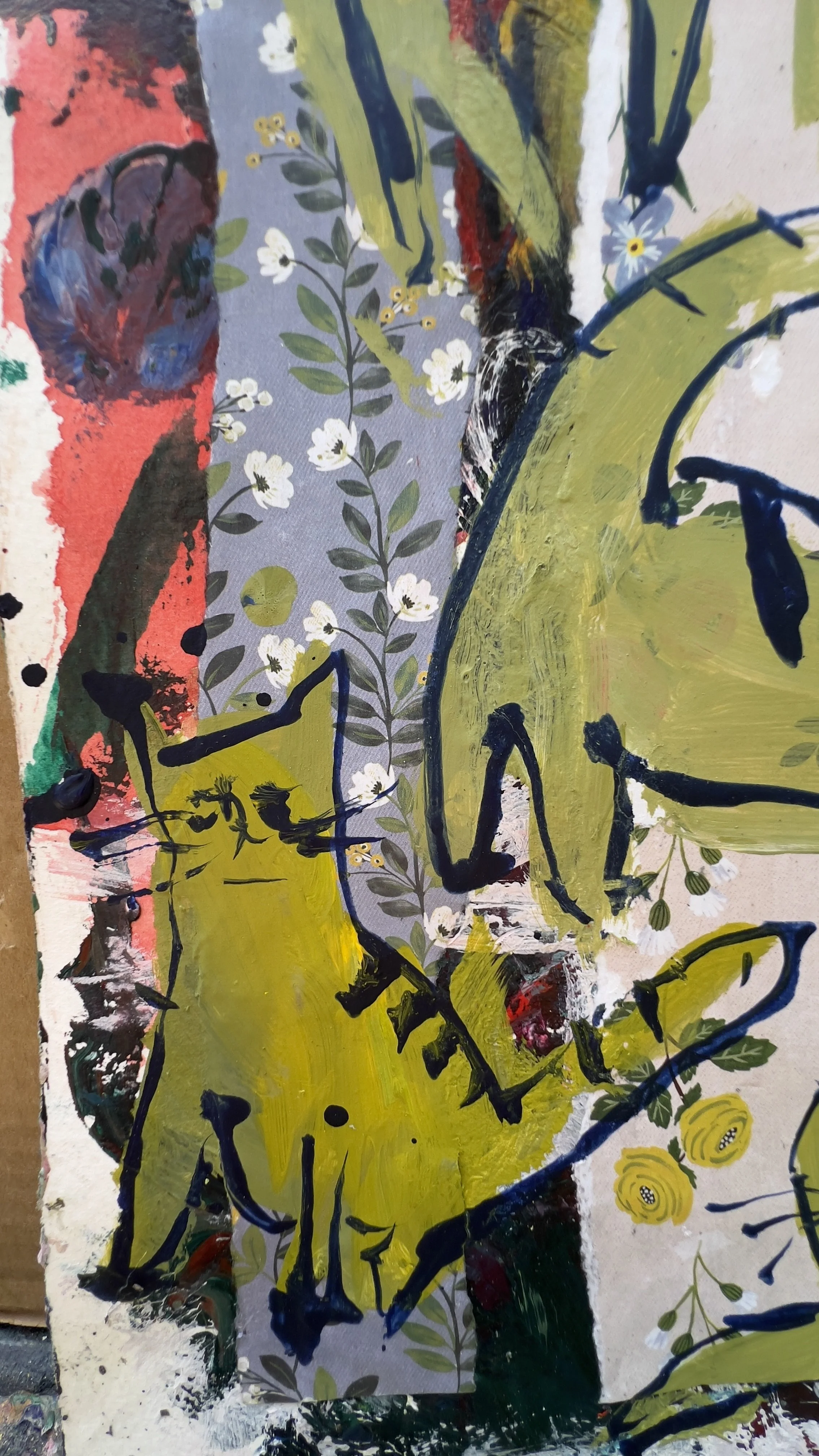 Original mixed media collage of five olive green cats over floral wallpaper background, painted on 11x14" archival paper - close up 4