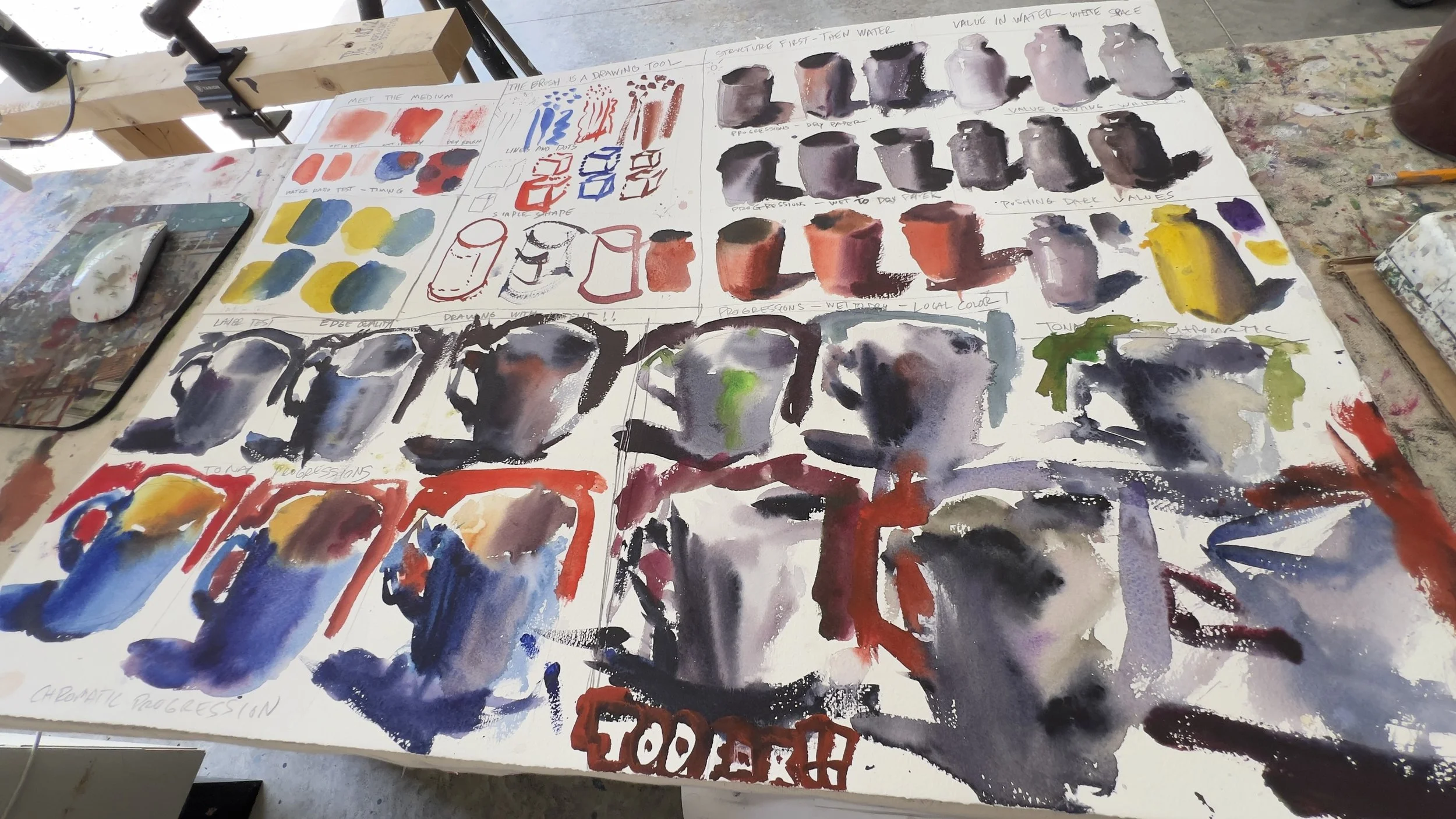 Table with watercolor paint swatches, instructions for watercolor painting, and various painted cups in progress.