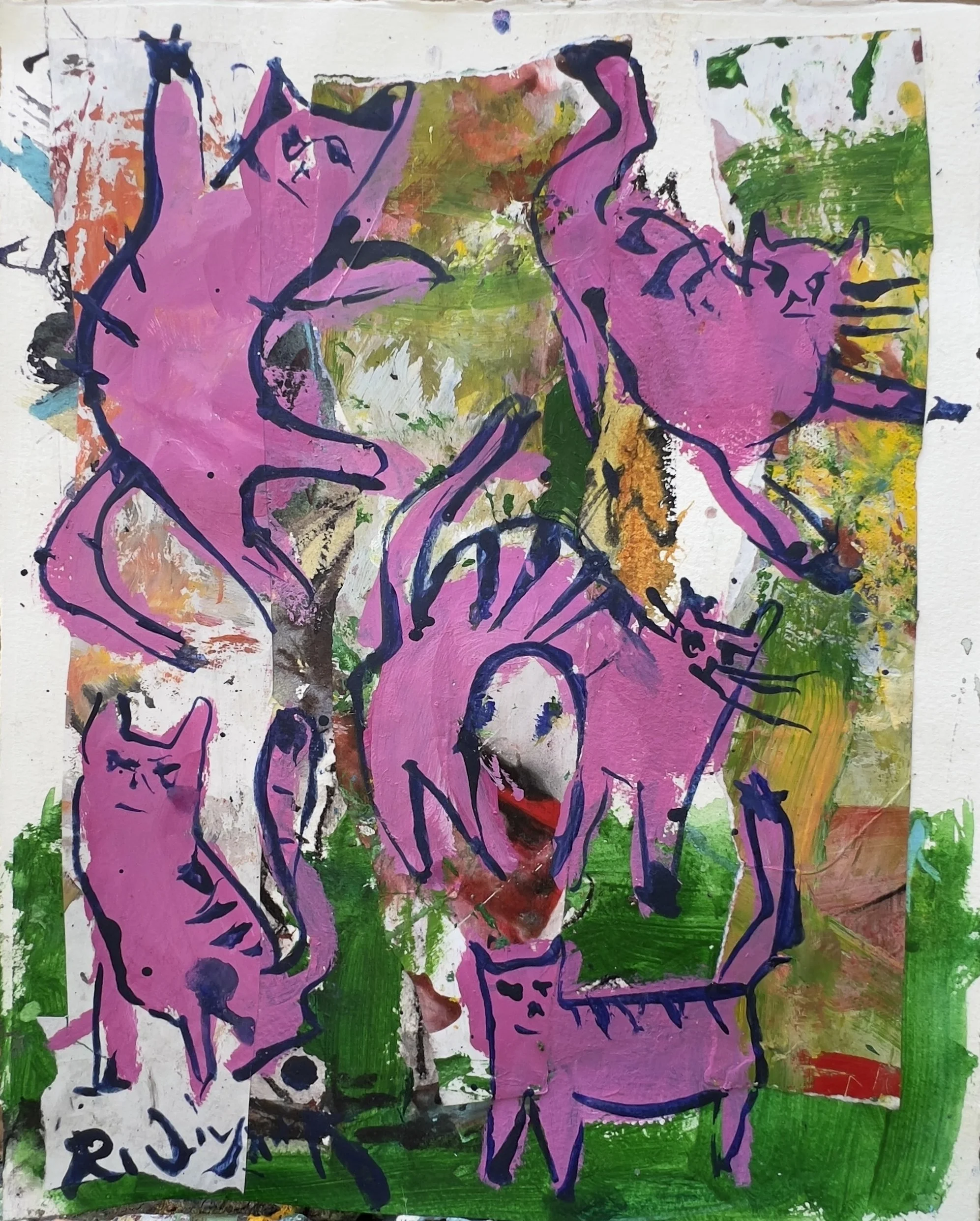 Original mixed media collage of five pink cats over a green and gold abstract background, painted on 11x14" archival paper