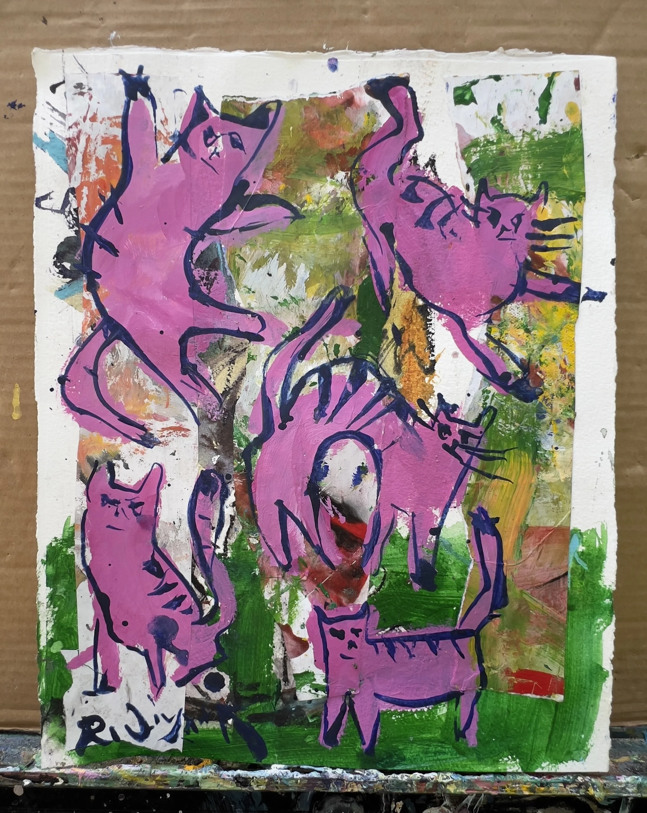 Original mixed media collage of five pink cats over a green and gold abstract background, painted on 11x14" archival paper - shows all edges