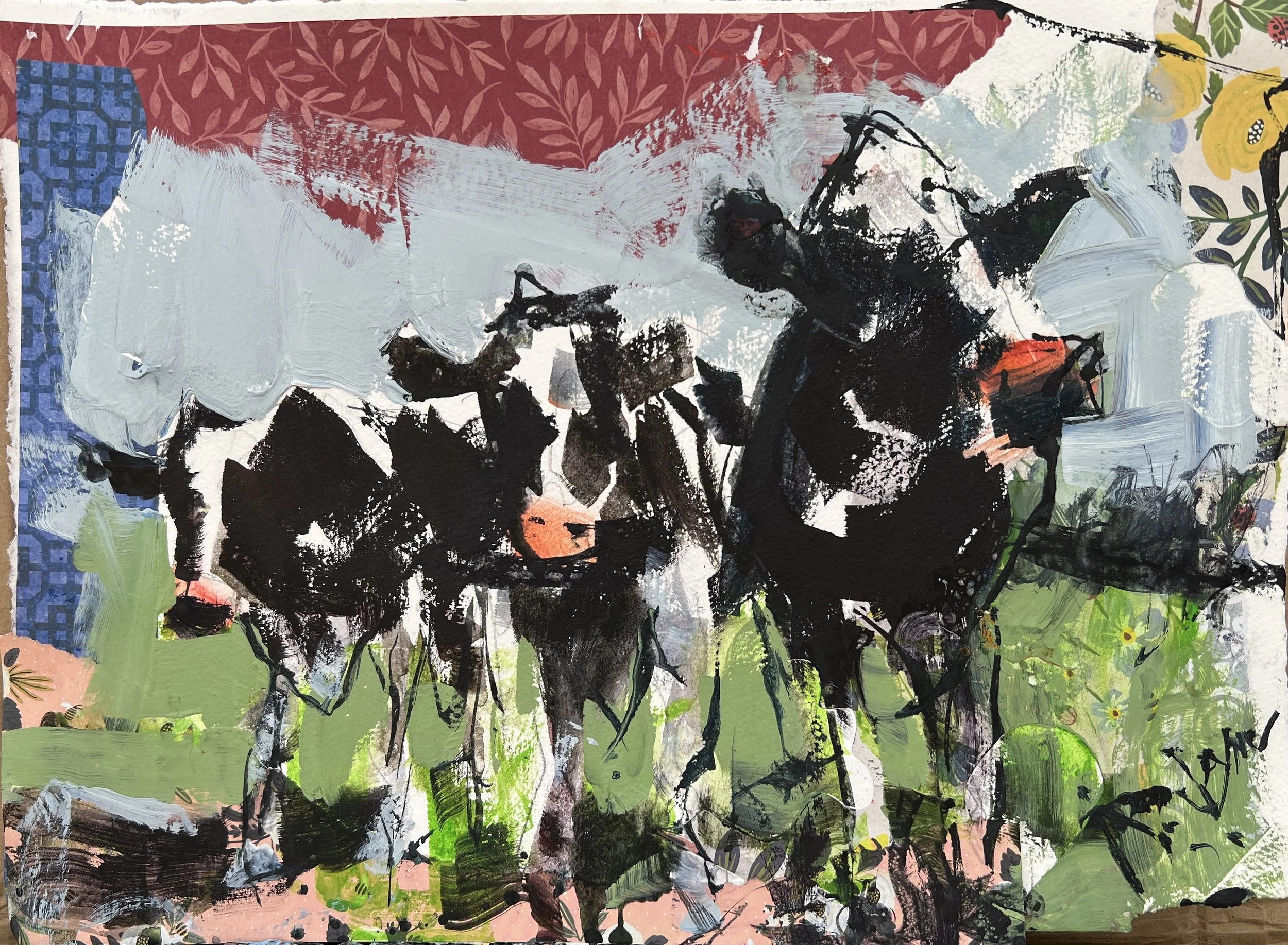 Abstract cow painting with a mix of colors including black, white, red, green, blue, and yellow, featuring bold brushstrokes and patterns.