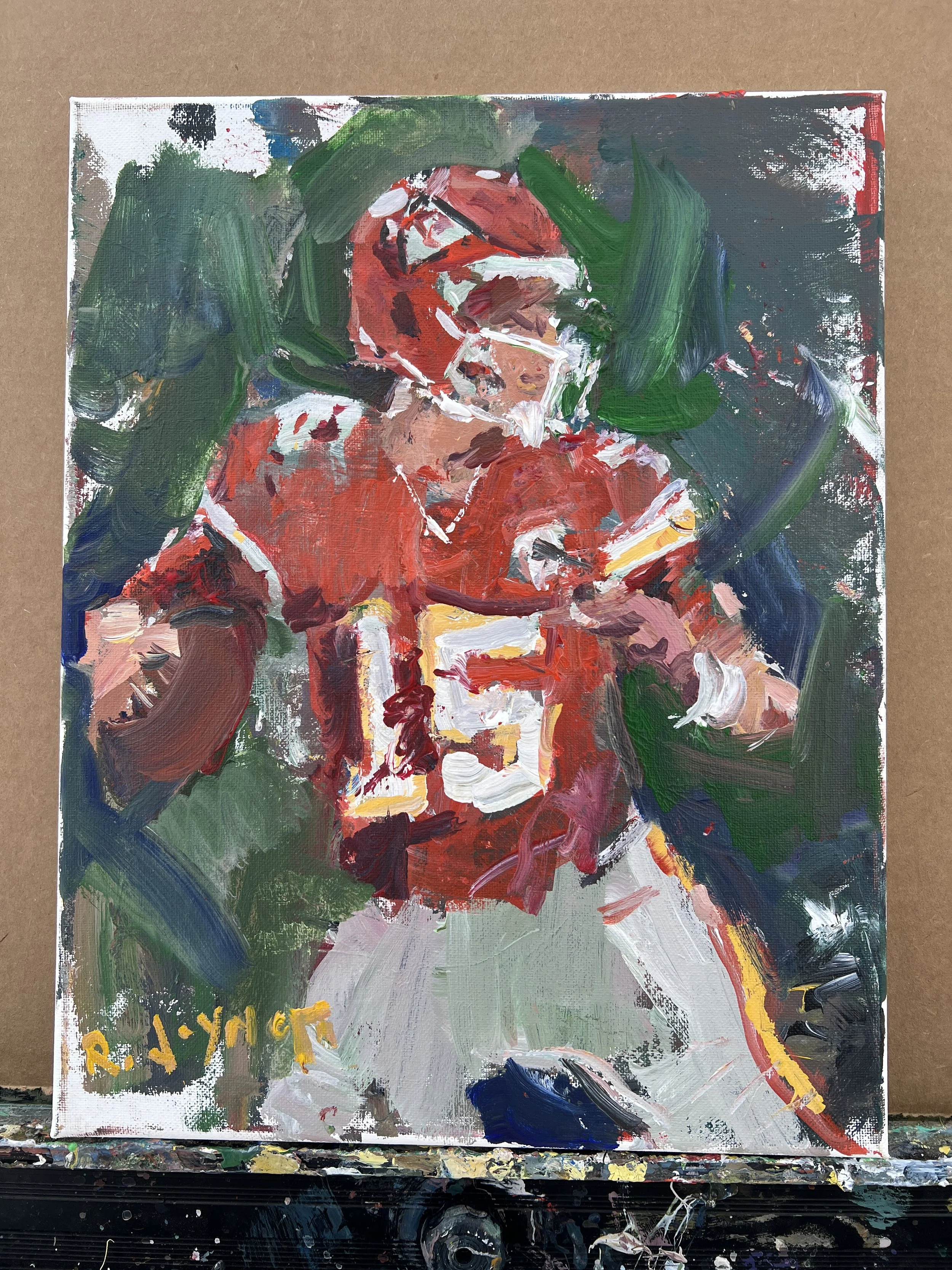 Patrick Mahomes Kansas City Chiefs original acrylic painting by Robert Joyner, 11x14 canvas, loose expressive football art shows all edges