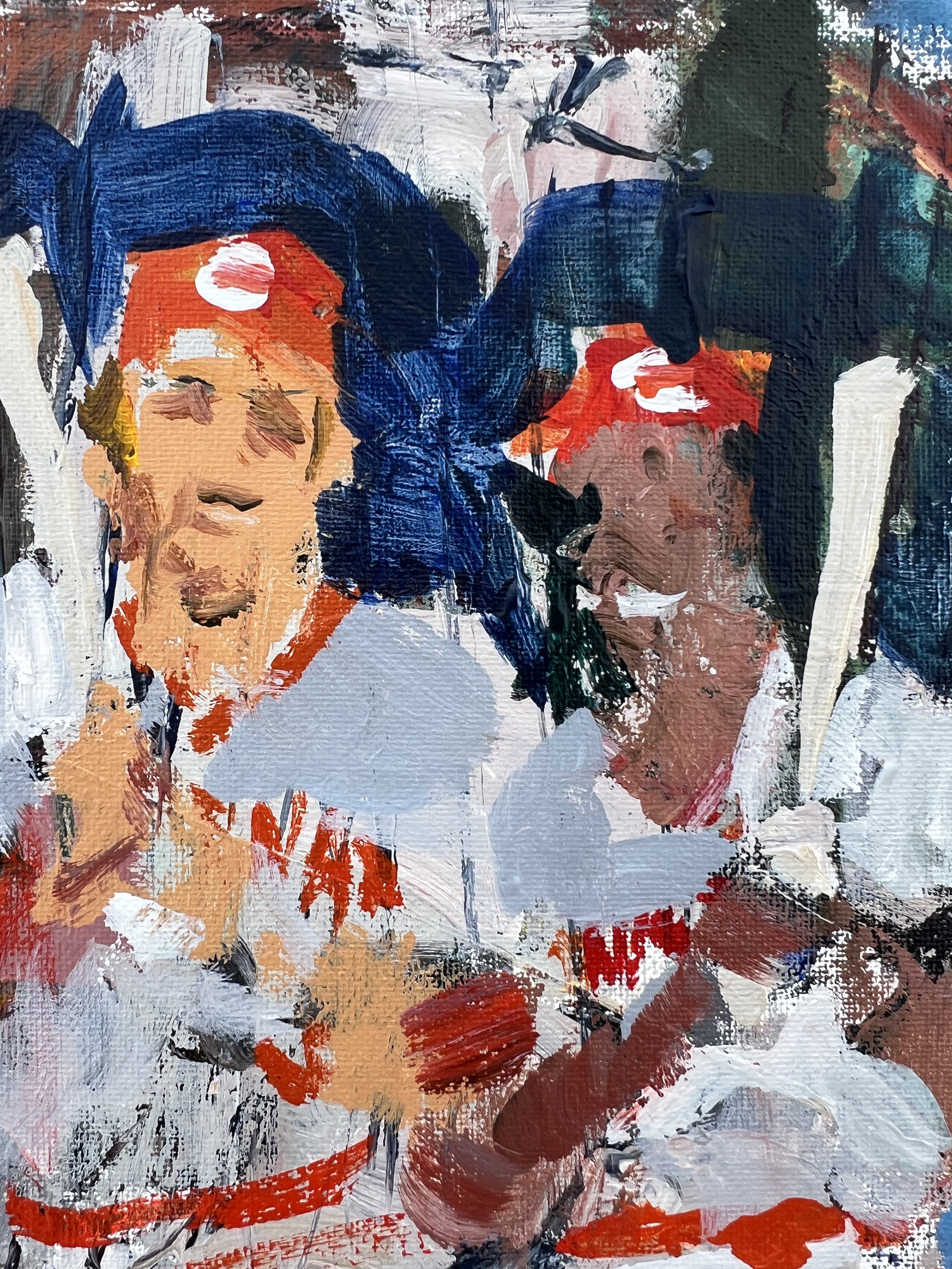 Close-up of Big Red Machine Reds legends Rose Bench Perez Morgan original acrylic painting by Robert Joyner