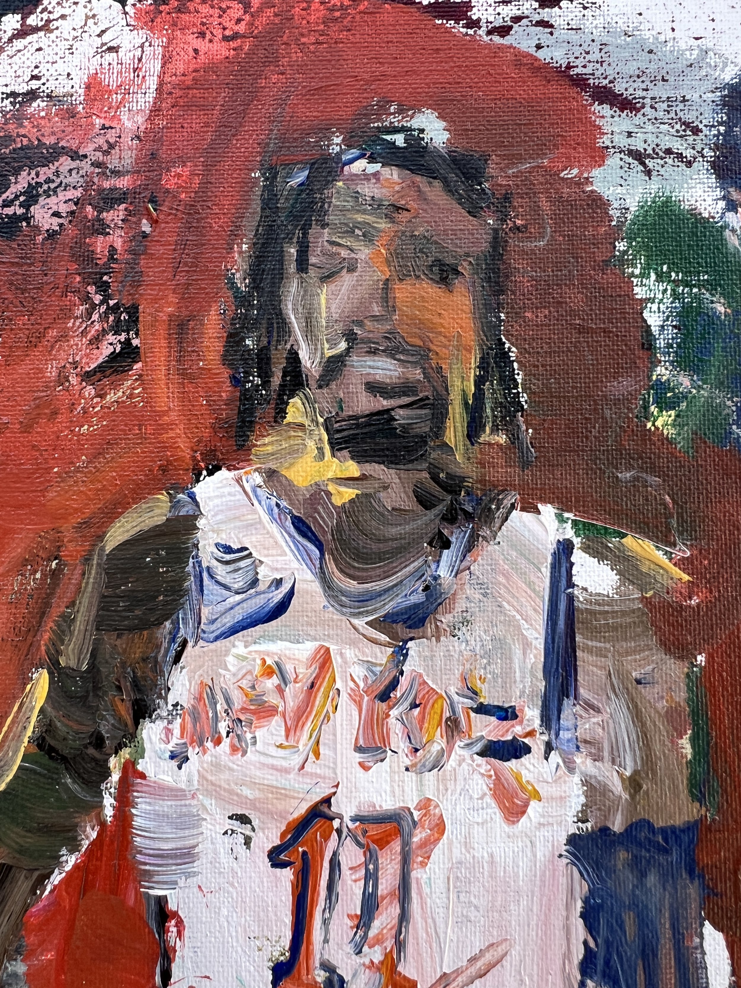 Detail view of New York Knicks Jalen Brunson original sports art painting