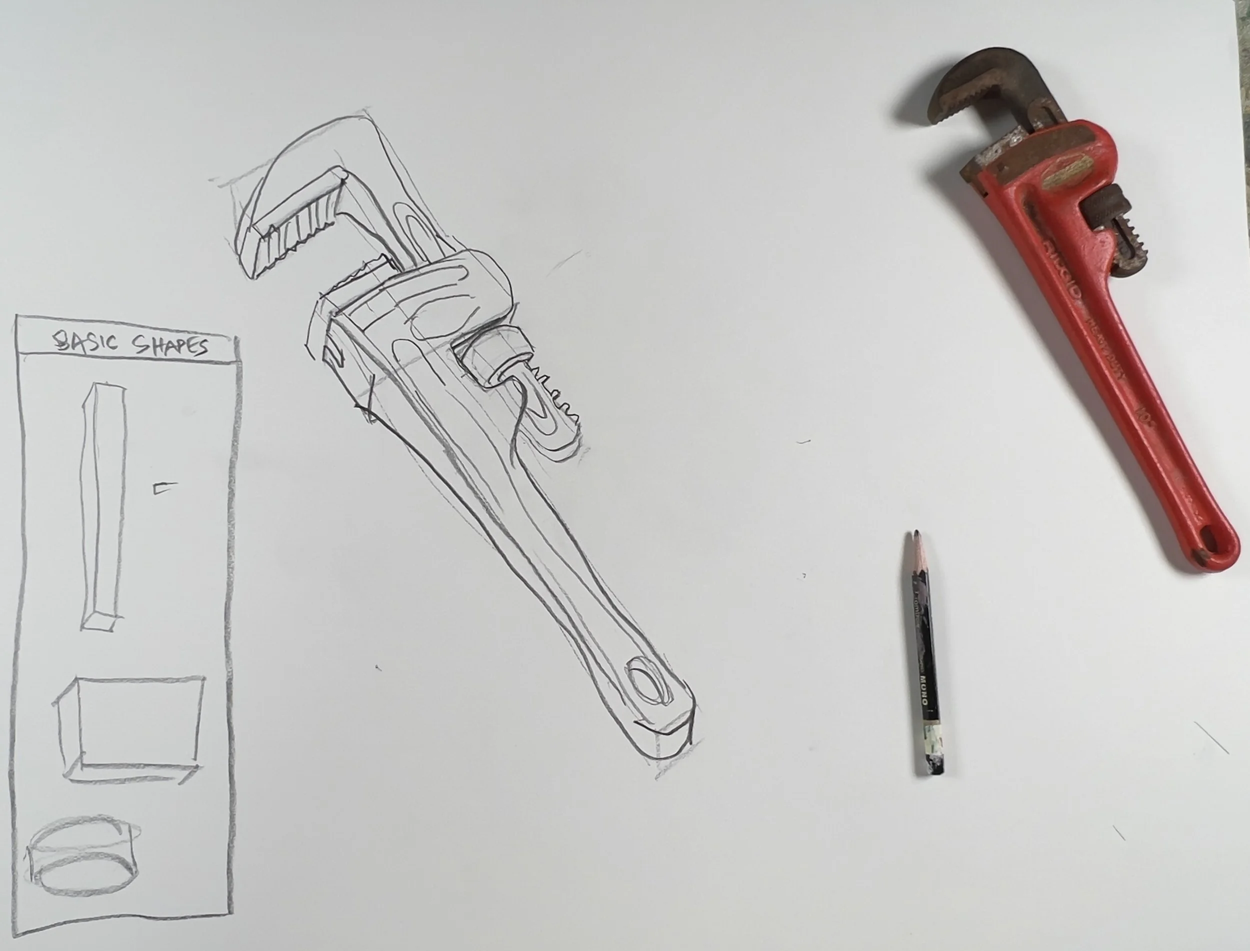 A hand-drawn sketch of a tape measure with a red metal case and a black and white retractable measuring tape, placed on a piece of paper featuring technical drawings and basic shapes.