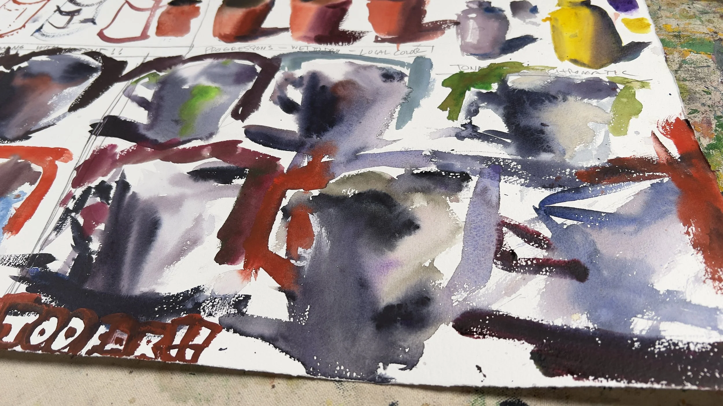 A watercolor painting with various abstract shapes and colors, including purple, black, red, green, yellow, and some handwritten notes and sketches on the white paper background.