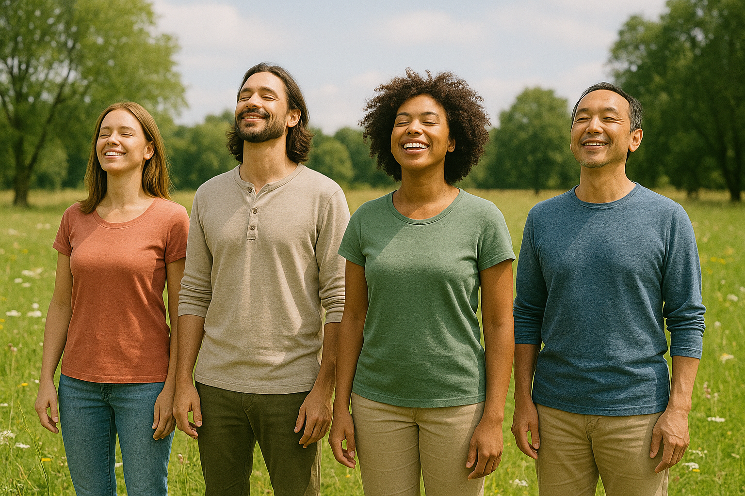 séance de sophrologie de groupe en extérieur, respiration, vivre le moment présent, détente corporelle et émotionnelle