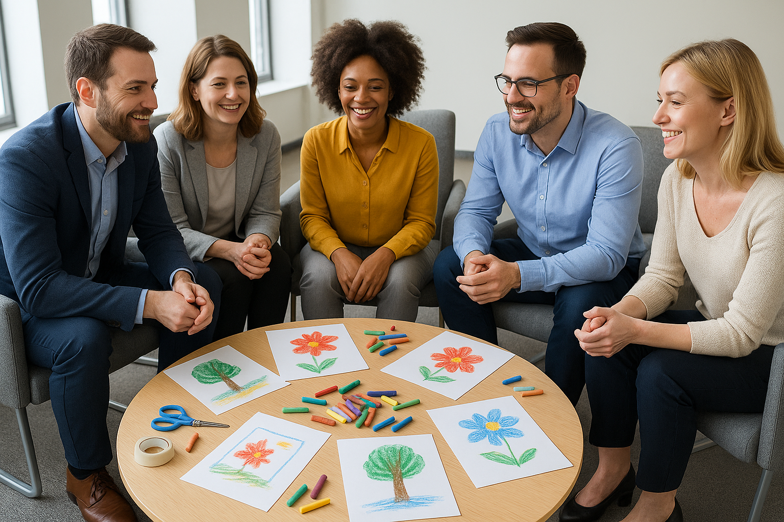 Atelier d'art-thérapie évolutive en entreprise. Stimule la créativité et les liens entre collaborateurs.