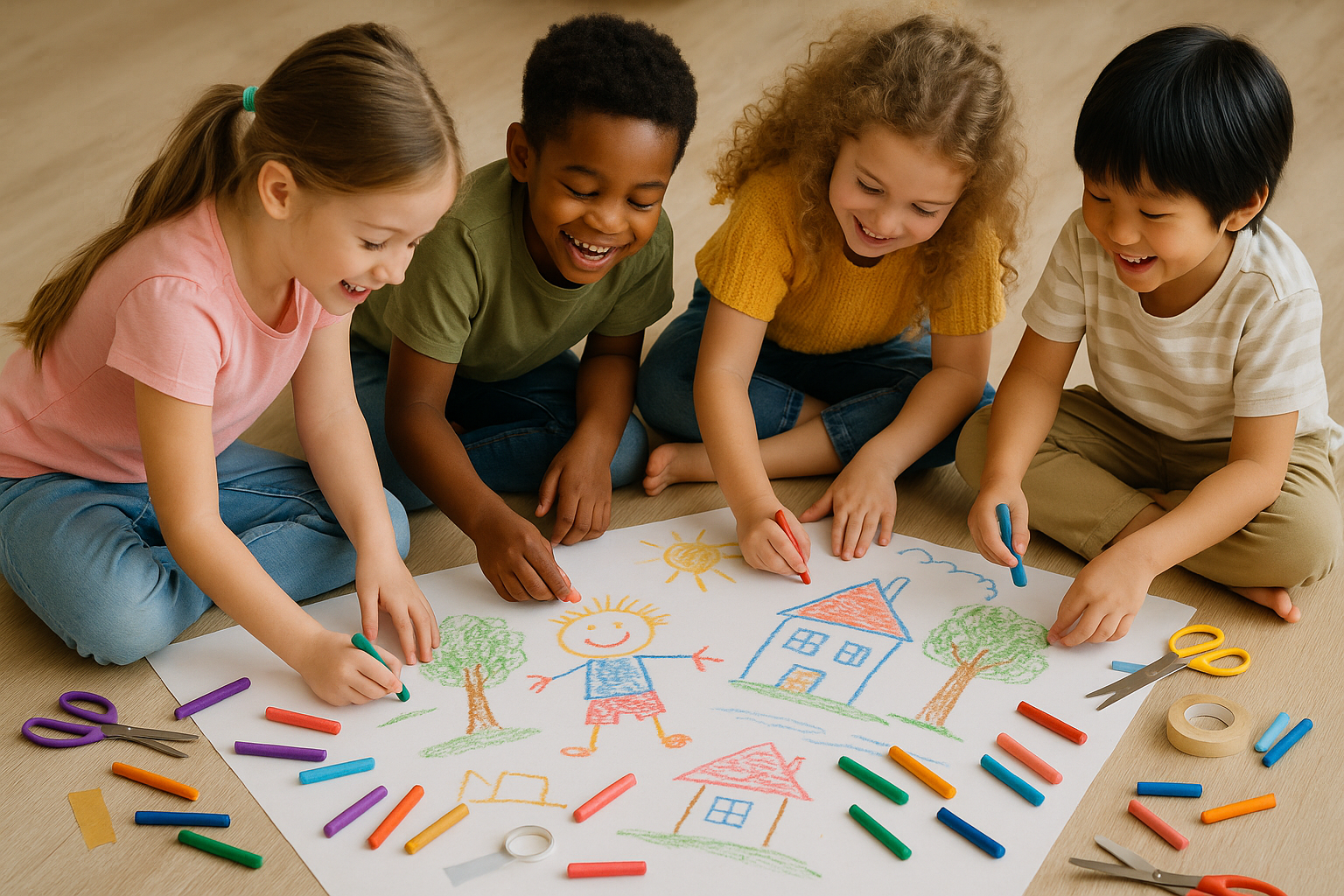 Groupe d'enfants qui sont dans un atelier d'art-thérapie évolutive.