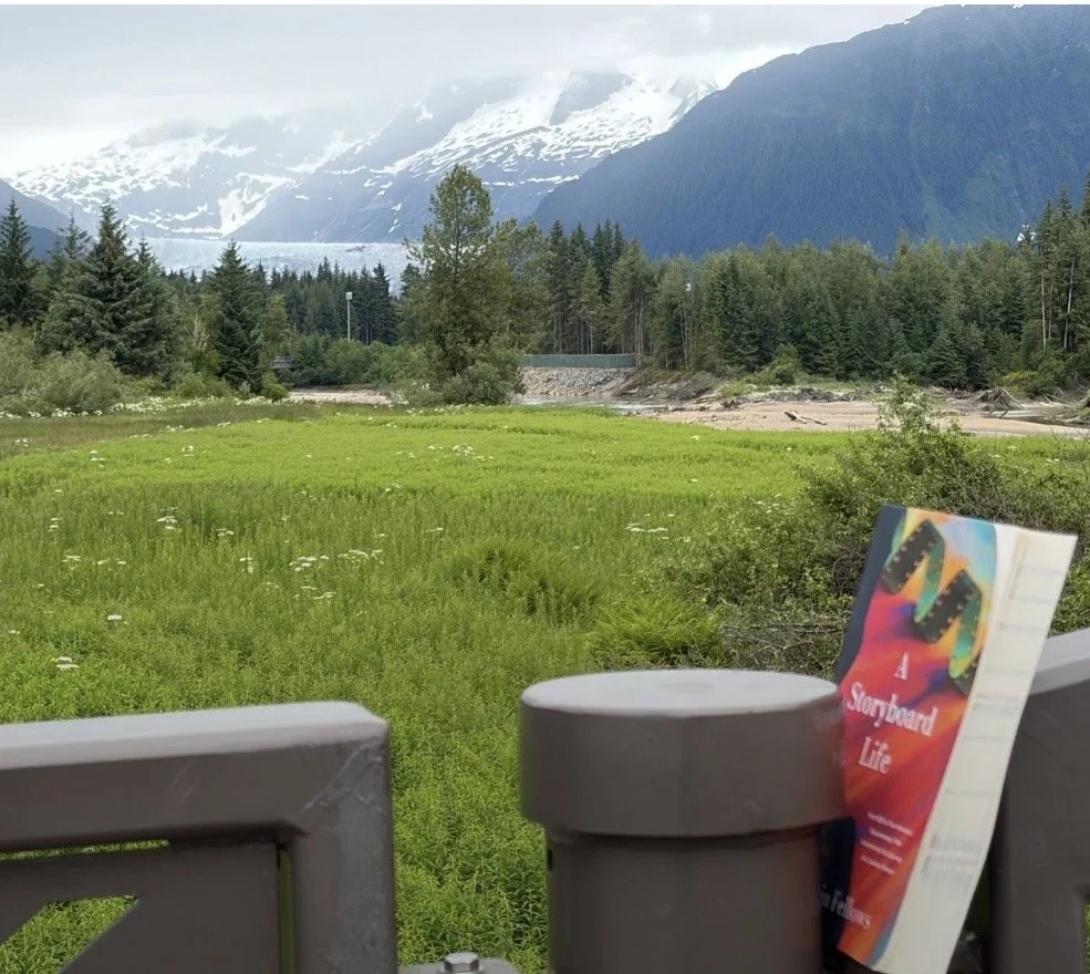 View of a lush green field with wildflowers, surrounded by pine trees, mountains with snow, and a cloudy sky in the background. A book and a tray are visible in the foreground.