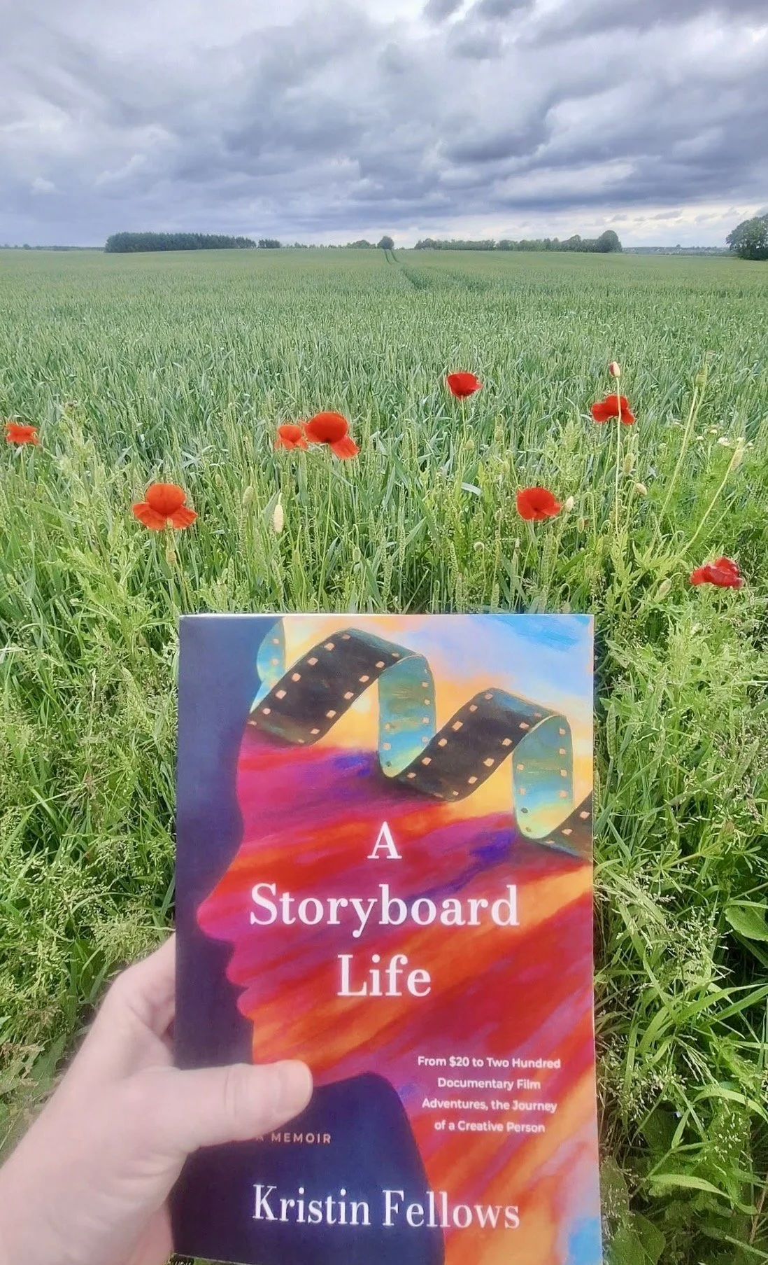 A person holding a book titled "A Storyboard Life" by Kristin Fellows in a lush green field with tall grass, red flowers, and a cloudy sky in the background.