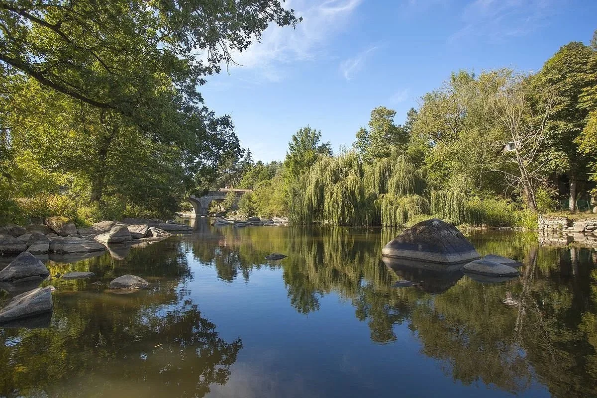 Une rivière bordée d'arbres verts, avec des rochers dans l'eau et un pont en pierre en arrière-plan, sous un ciel bleu clair.
