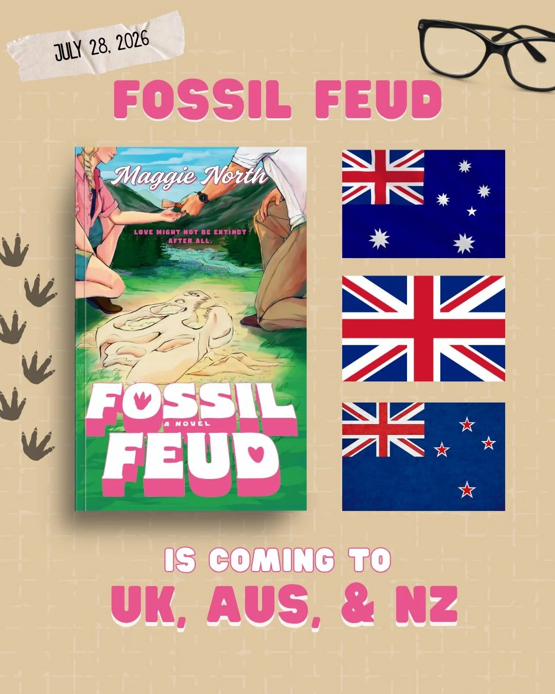 I beg you to keep me in your thoughts as actual British people will soon be consuming my buttoned-up British academic with the sl*tty little glasses 👓🫣 and also Aussies and Kiwis??? I am OVER THE MOON, truly!! 🥹💚 FOSSIL FEUD coming July 28 from @
