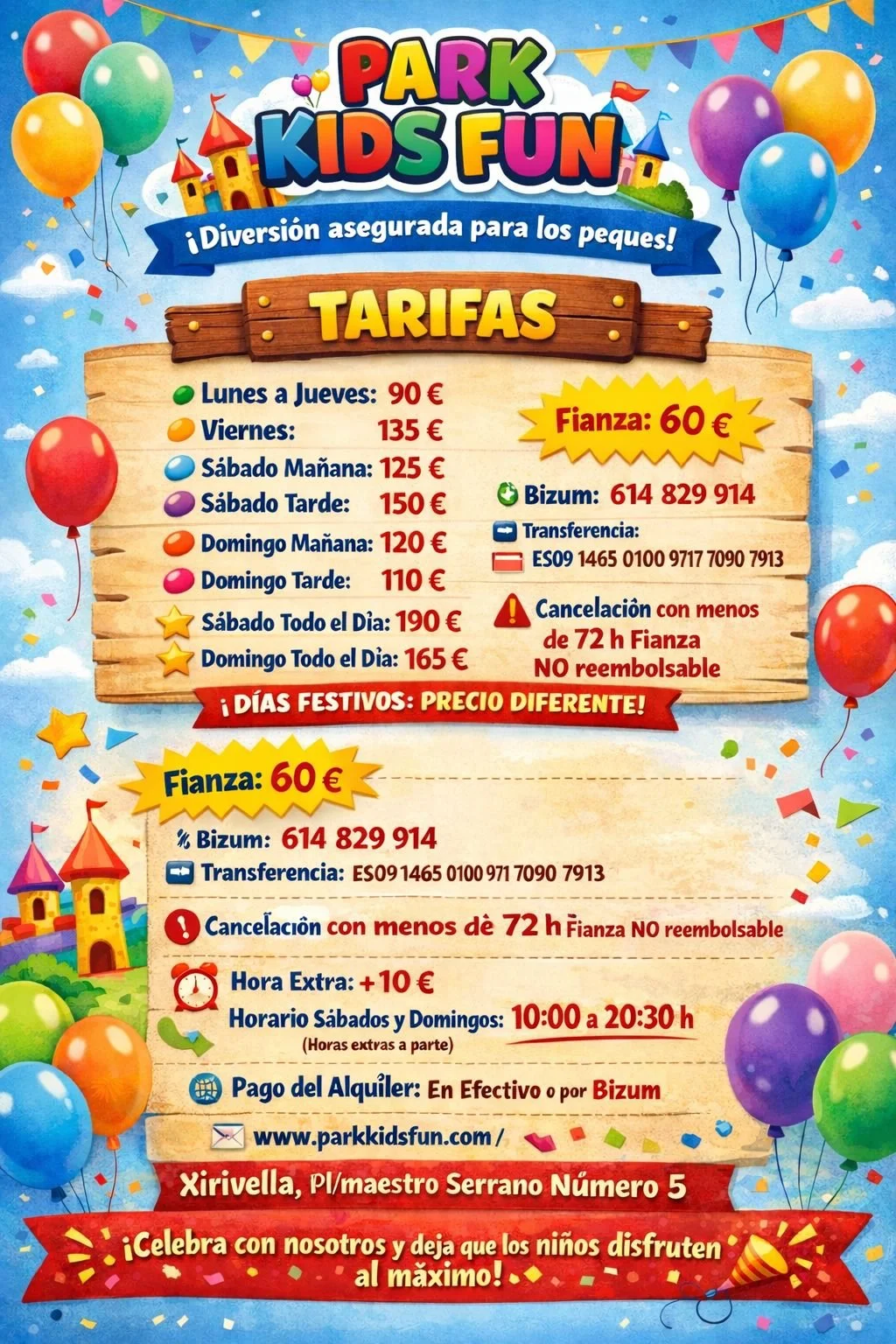 Cartel publicitario del parque infantil 'Park Kids Fun' con información sobre tarifas, reservaciones y detalles para reservar y cancelar. Diseño colorido con globos, castillos y confeti.