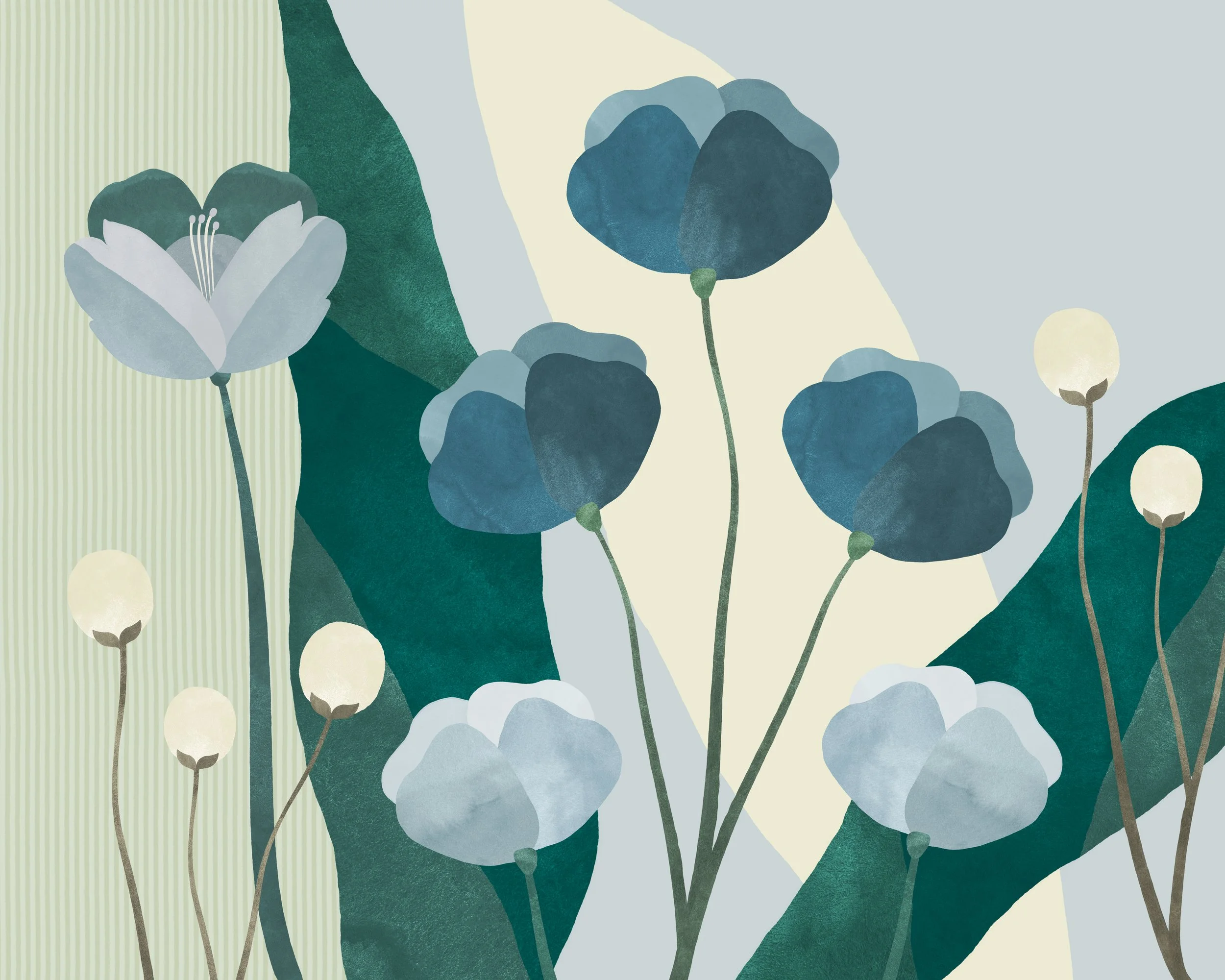 A digital illustration of various blue flowers and white glowing orbs among green leaves and abstract backgrounds.