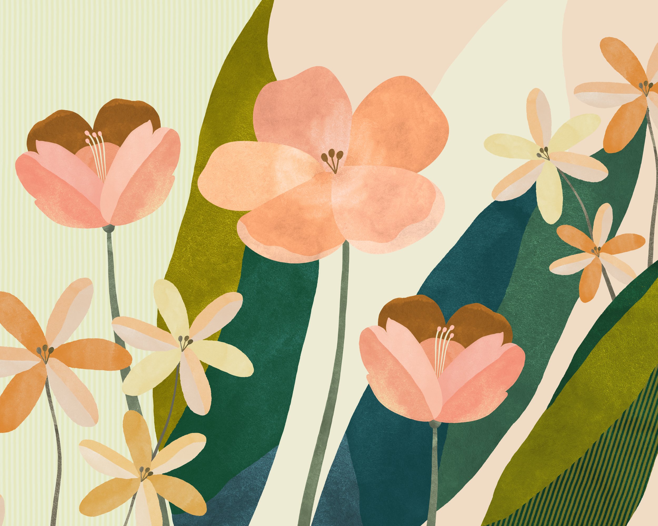 Abstract illustration of pink and orange flowers with green leaves.