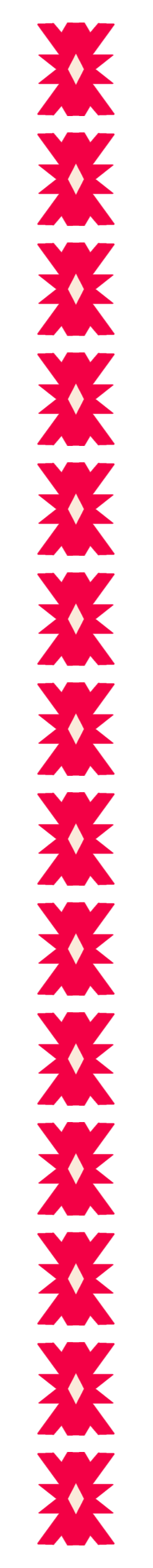A vertical pattern of pink and white geometric shapes on a black background, repeating in a column.