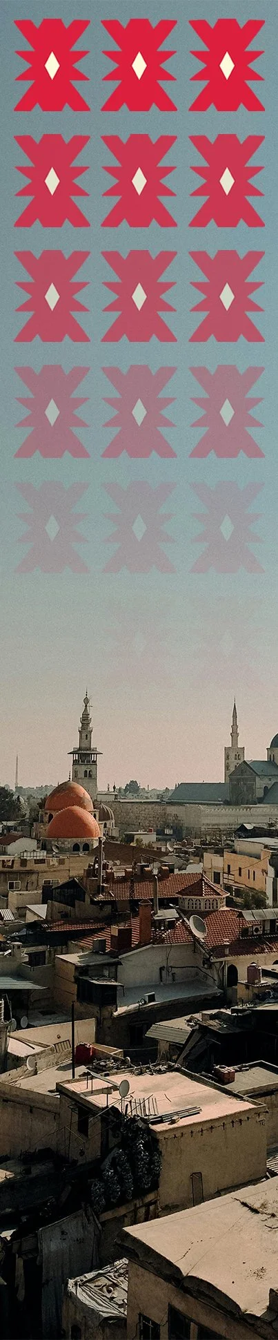 Cityscape with historic buildings, domes, and towers, under a sky with a geometric pattern of red and pink shapes fading into the horizon.