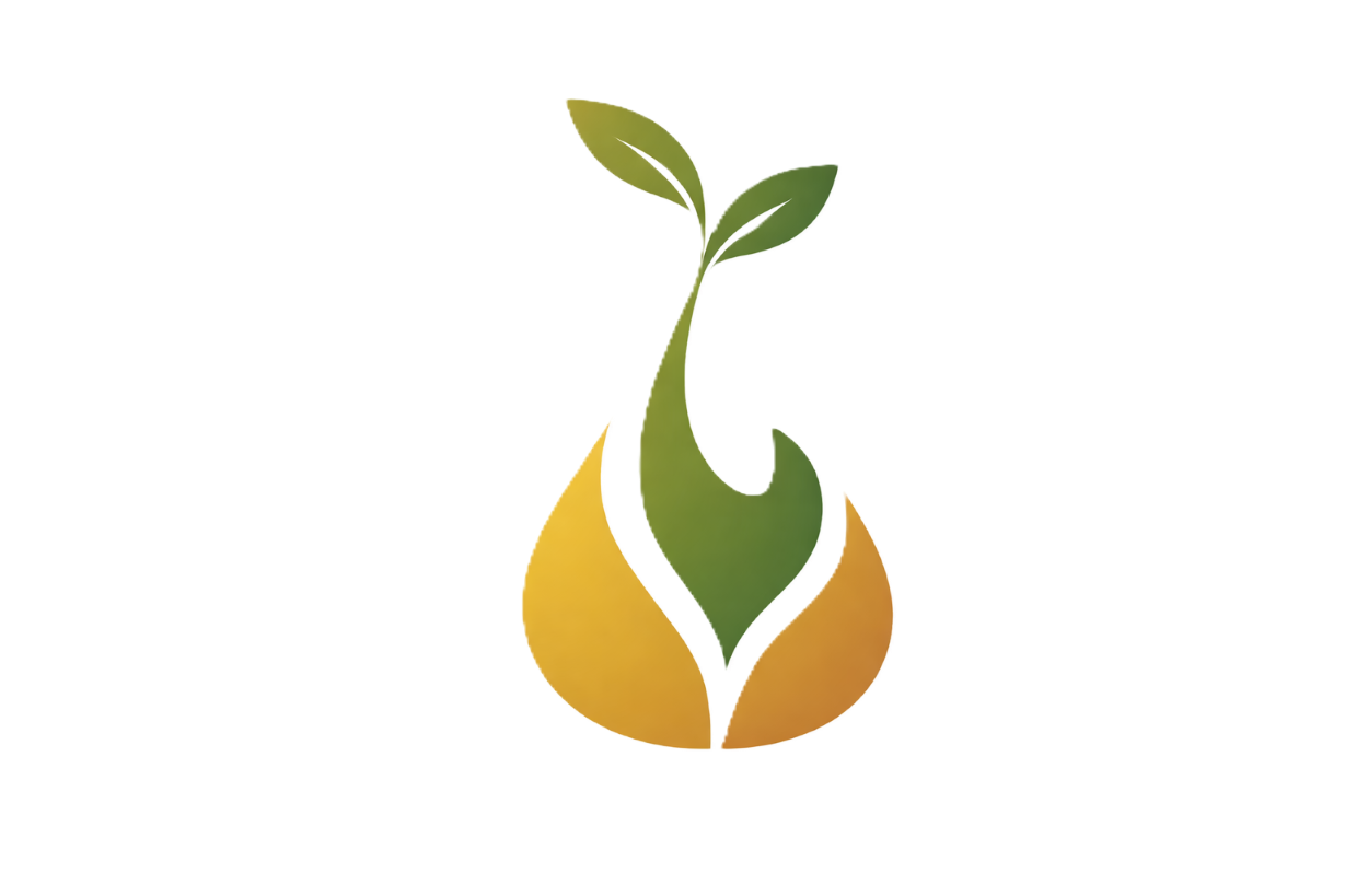 A stylized logo featuring a green plant sprouting from a hand-shaped flame, with a color gradient from green to gold.