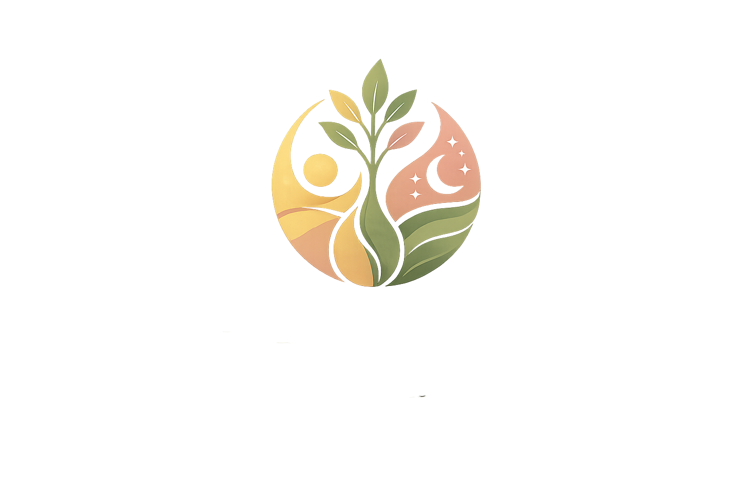 A stylized abstract logo featuring a plant with green leaves inside an orca whale shape, set against a circular yellow, orange, and pink background with celestial symbols like the sun, moon, and stars.