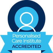 Blue badge with a white person icon and a ribbon that reads 'Personalised Care Institute ACCREDITED.'