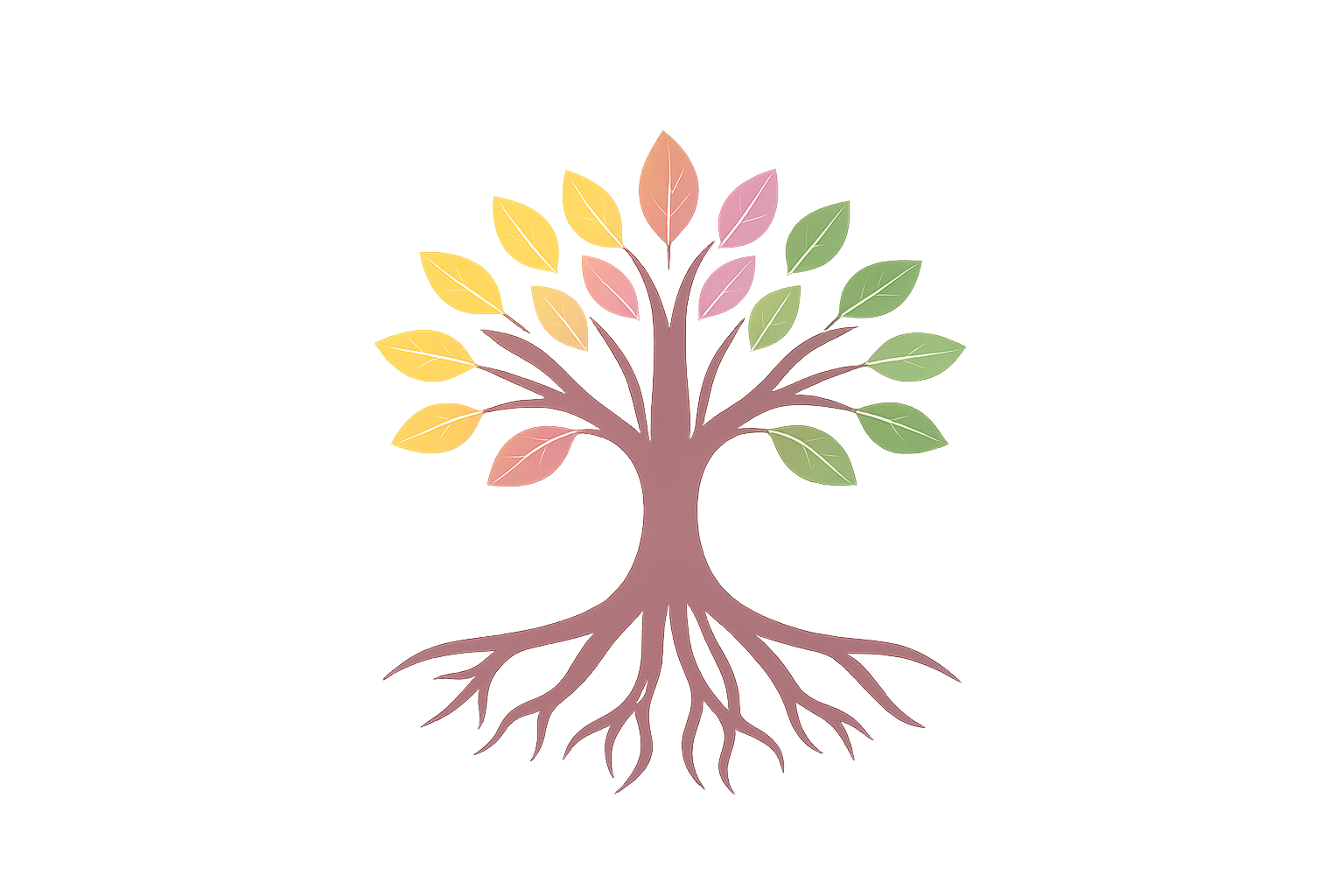An illustration of a tree with visible roots, a brown trunk, and colorful leaves in yellow, pink, and green, set against a dark background with streaks of light.