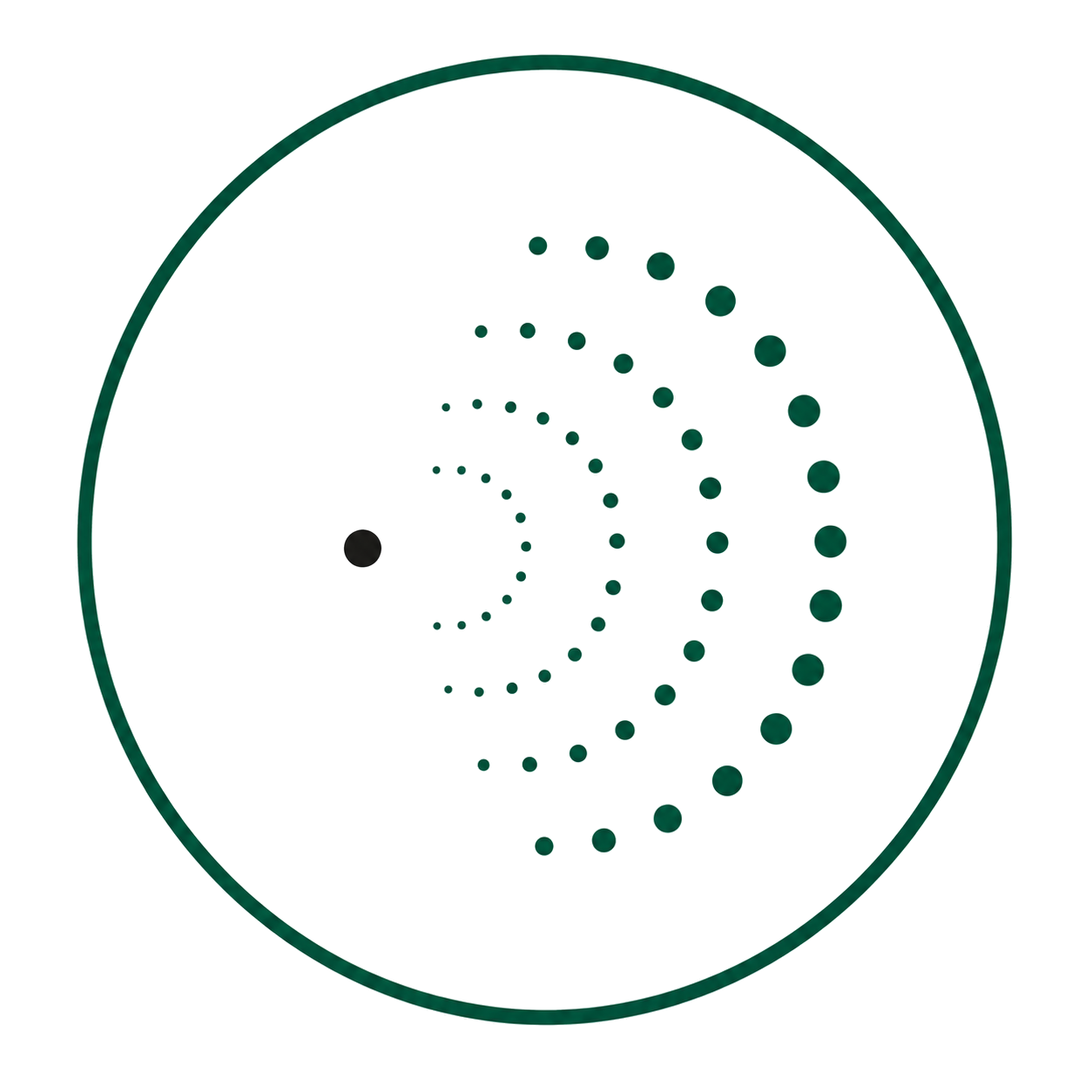 A digital spiral pattern with black and green dots, creating a hypnotic, recursive design inside a circular frame.